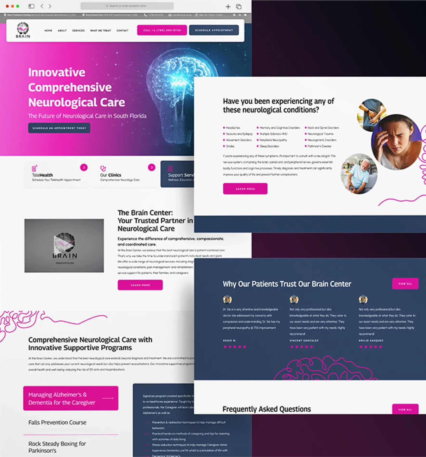 Website showcasing comprehensive neurological care services with patient testimonials and treatment programs.