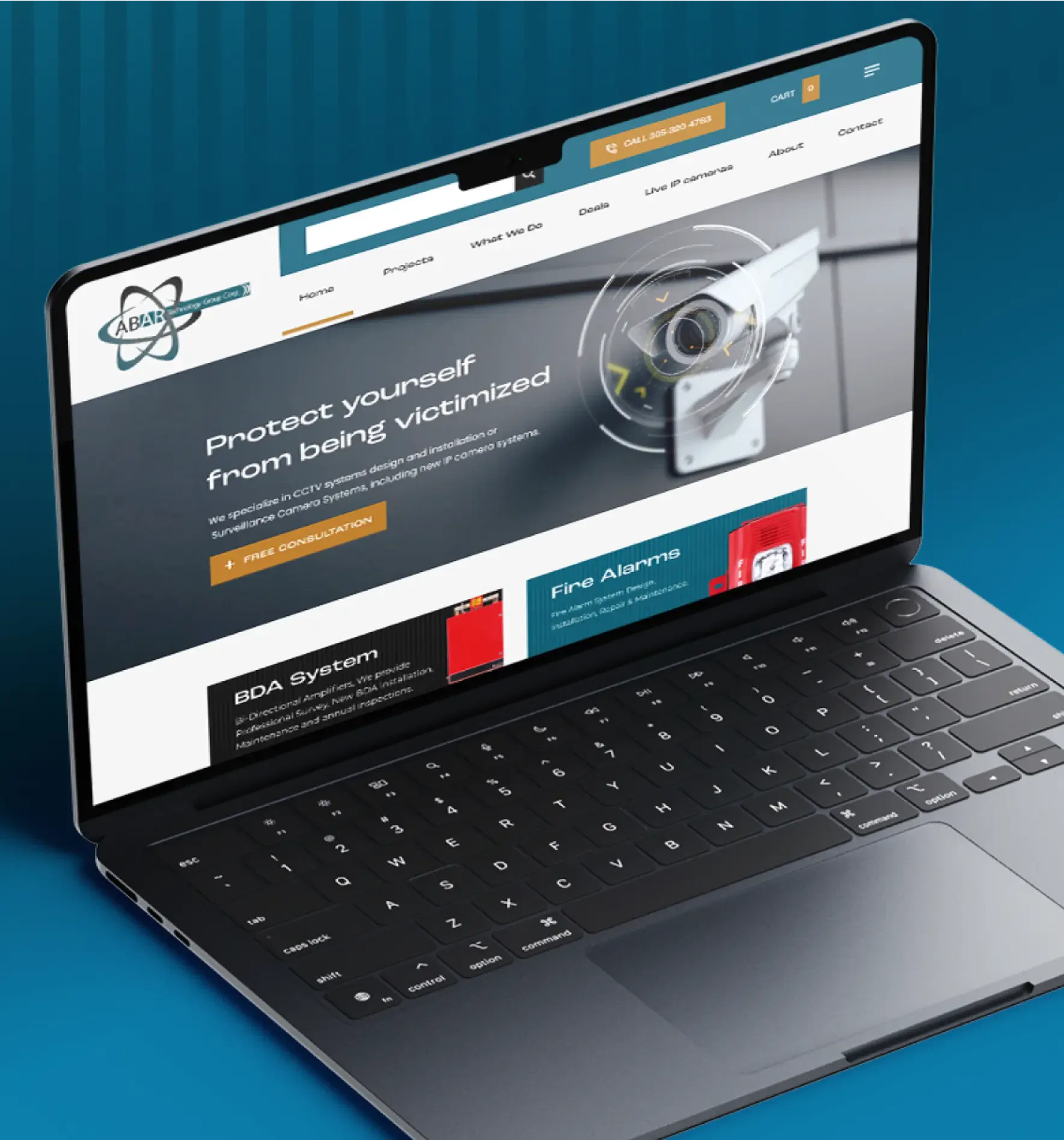 Laptop displaying a security technology website with a blue background.