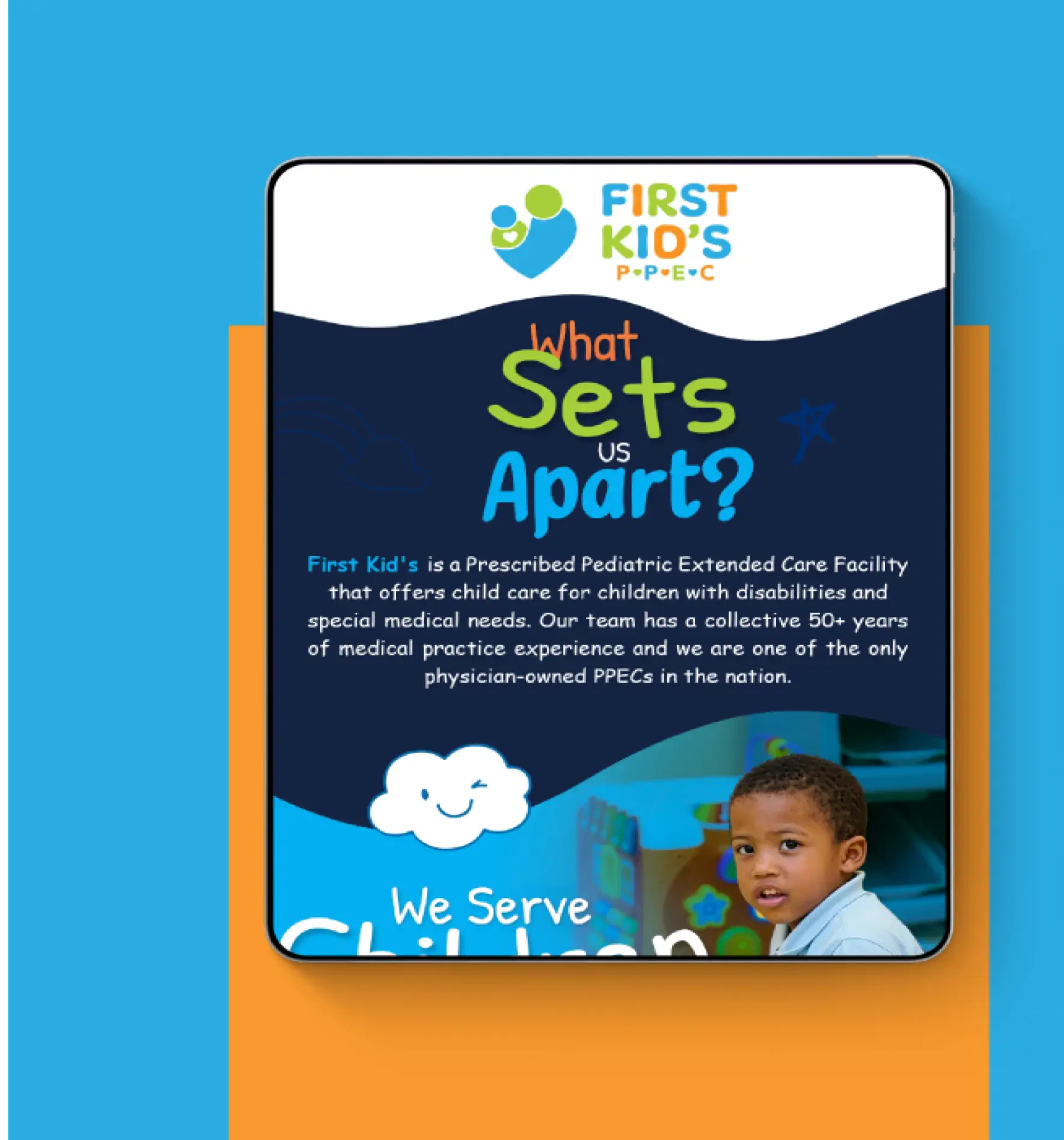 Pediatric care poster highlighting specialized facilities and services for children with disabilities.