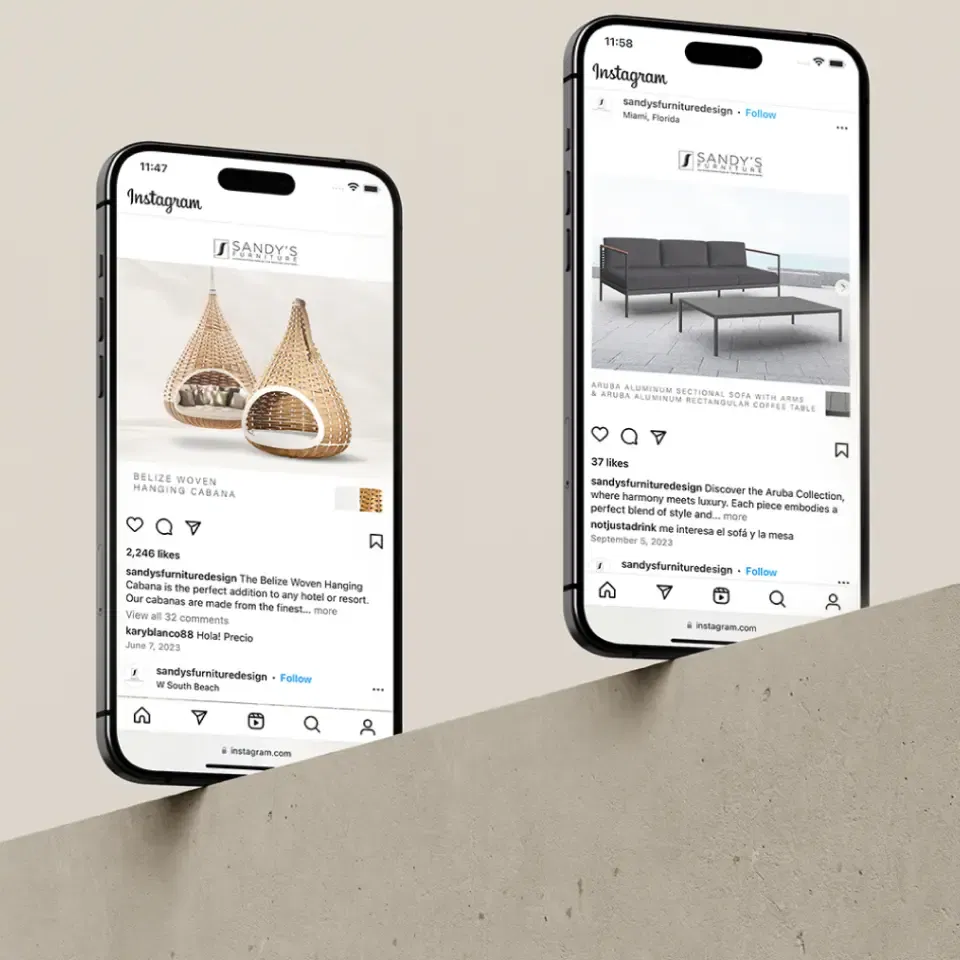 Two smartphones displaying modern furniture pieces on Instagram against a neutral backdrop.