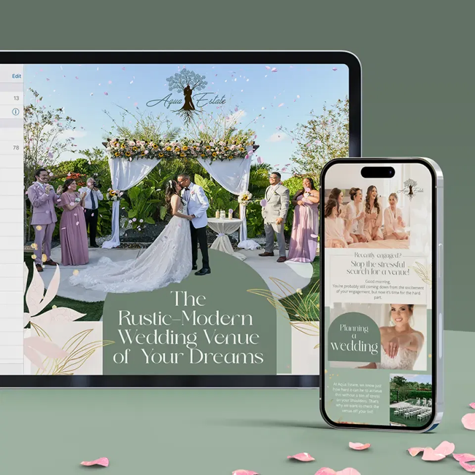 Wedding website displayed on tablet and phone showing modern rustic wedding venue.