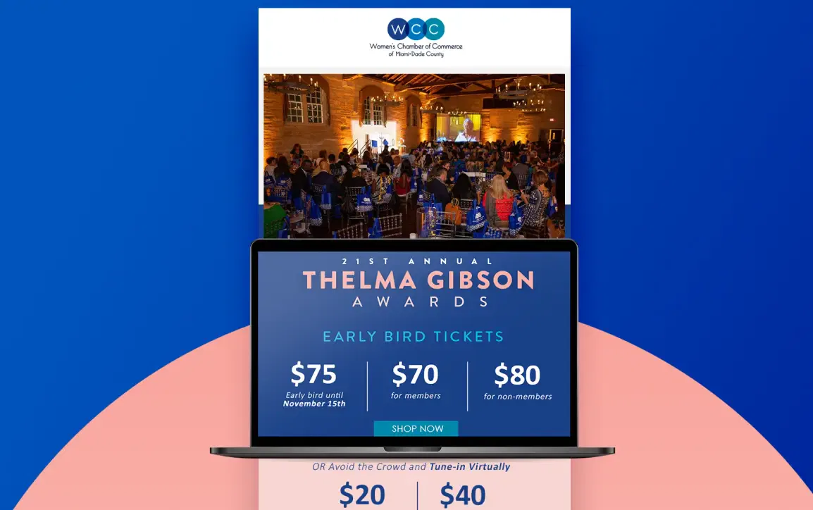 Laptop displaying Thelma Gibson Awards ticket prices with event photo backdrop.