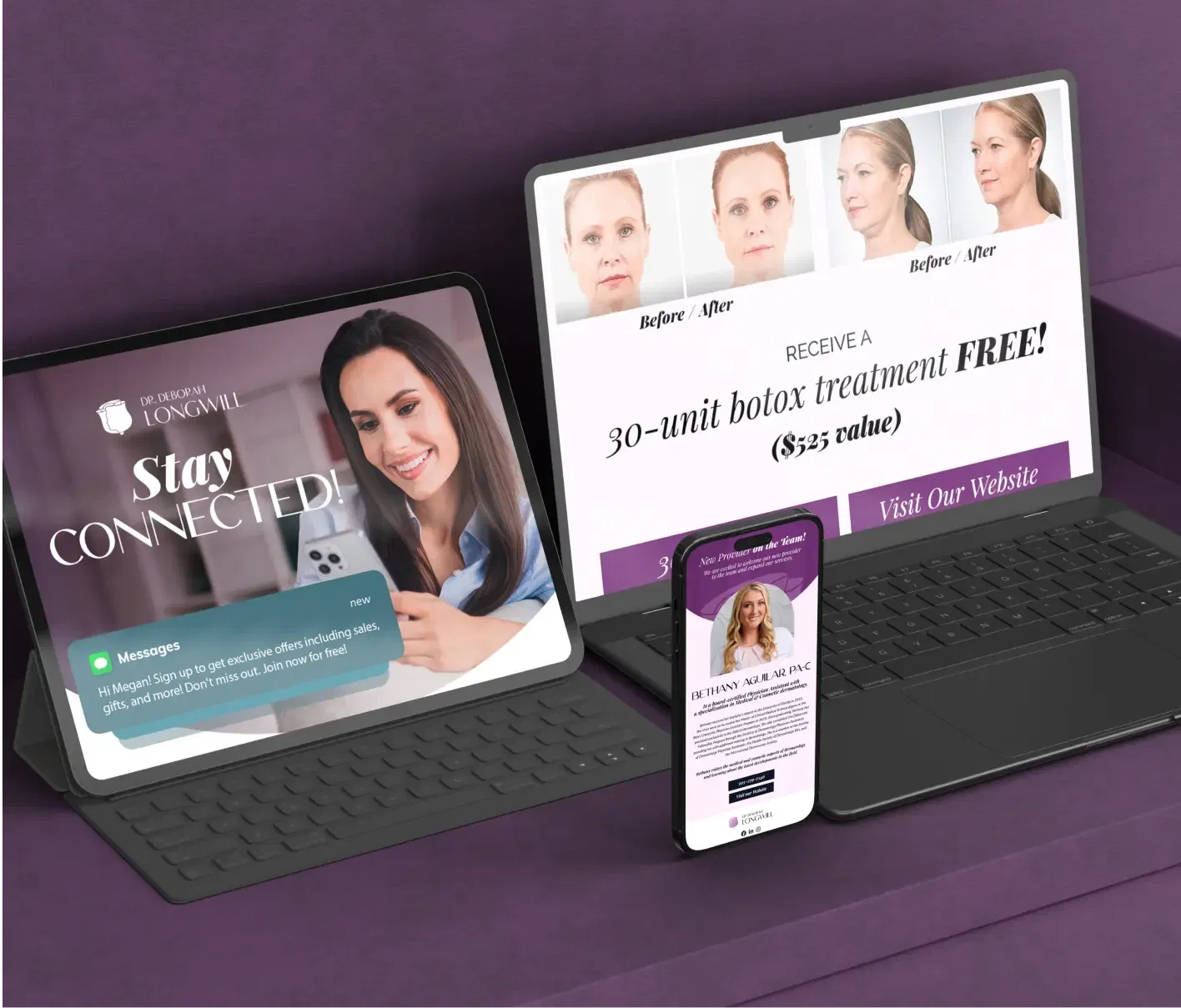 Tablets and smartphone displaying cosmetic services and botox treatment advertisement.