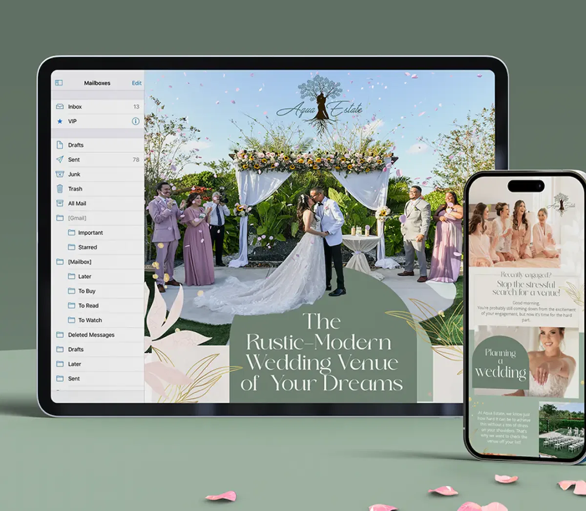 A tablet and smartphone displaying a rustic modern wedding venue design with elegant decorations.
