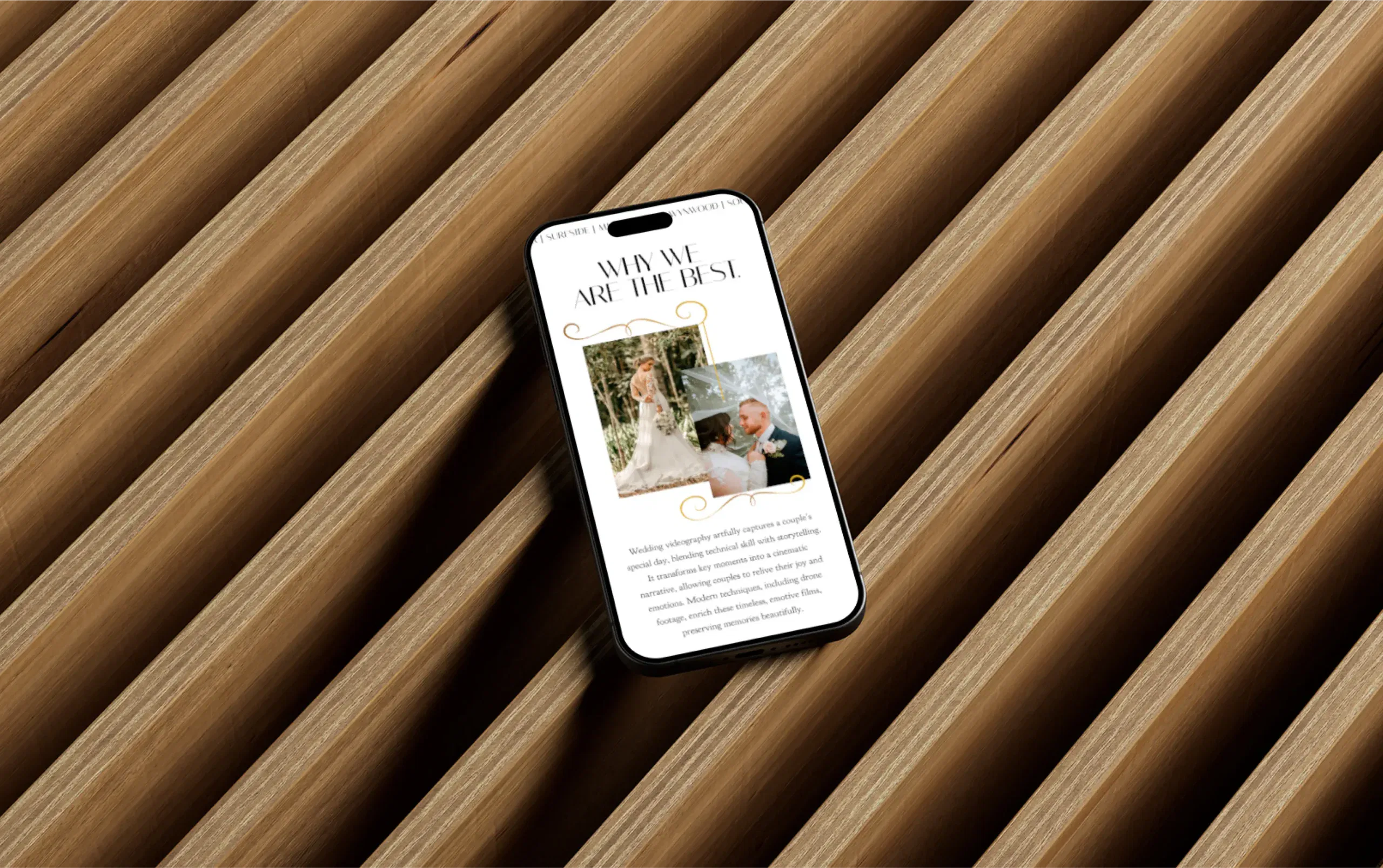 Smartphone displaying a wedding invitation with a couple's photo, placed on a wooden slatted surface.