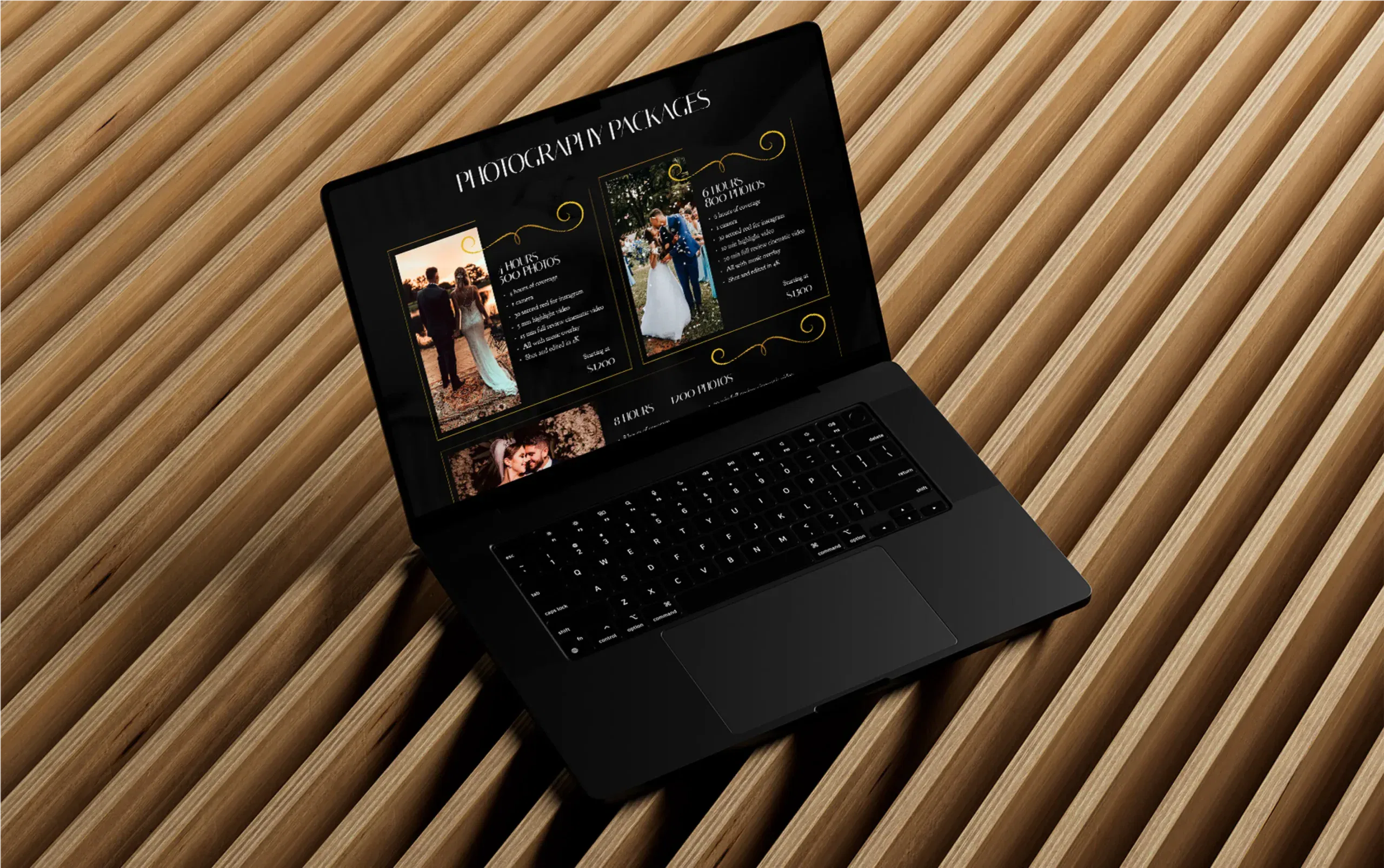 Laptop displaying images and text on a sleek wooden table background.
