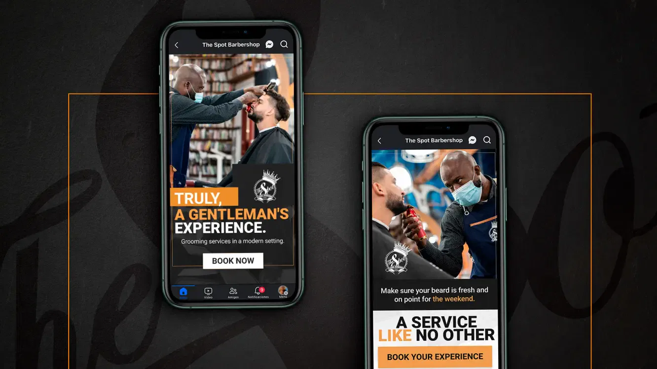 Two smartphones displaying a gentleman's barber service app, featuring stylish haircuts and a unique grooming experience.