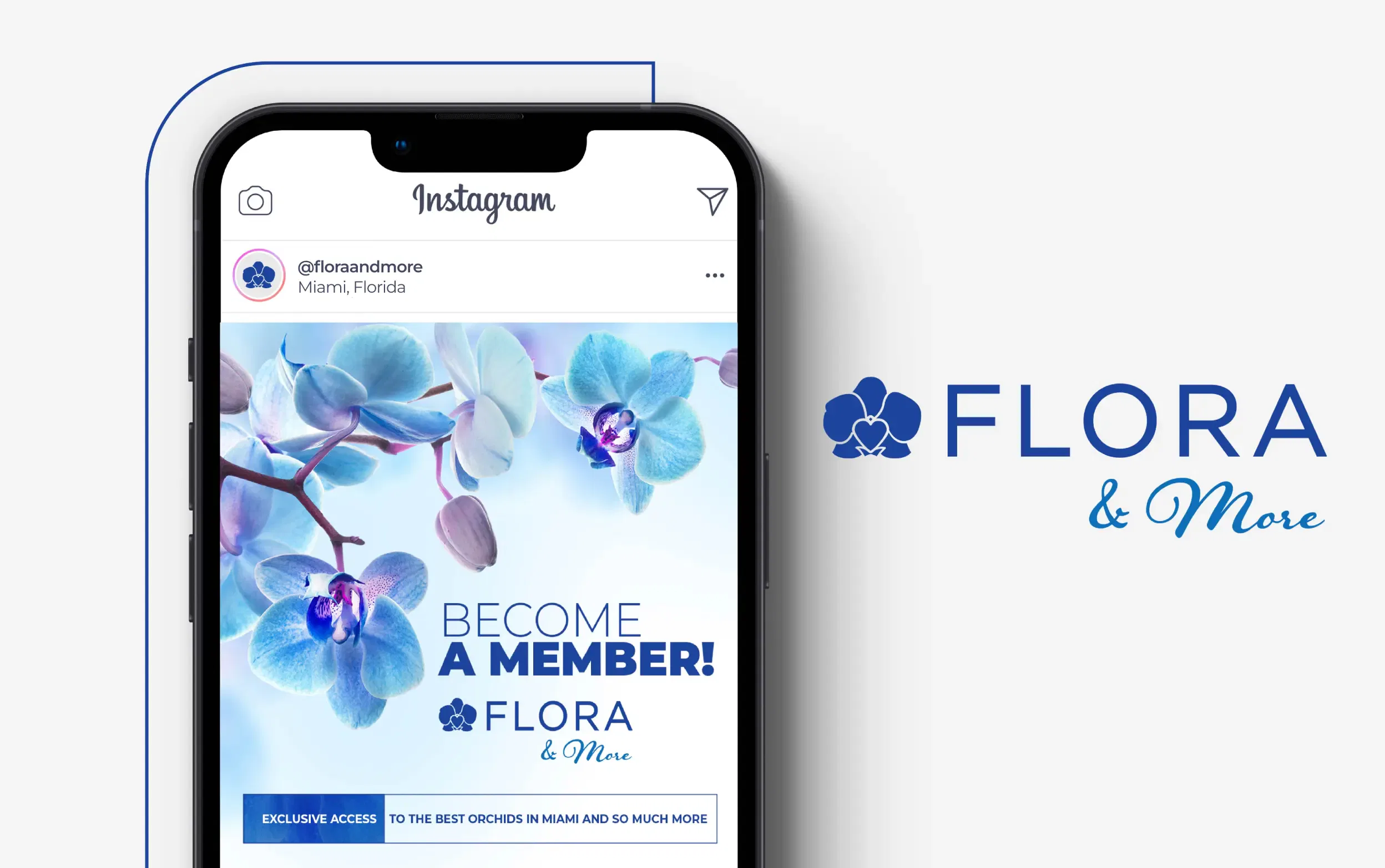 Instagram post featuring a vibrant floral membership invite with blue orchids and Flora & More branding.