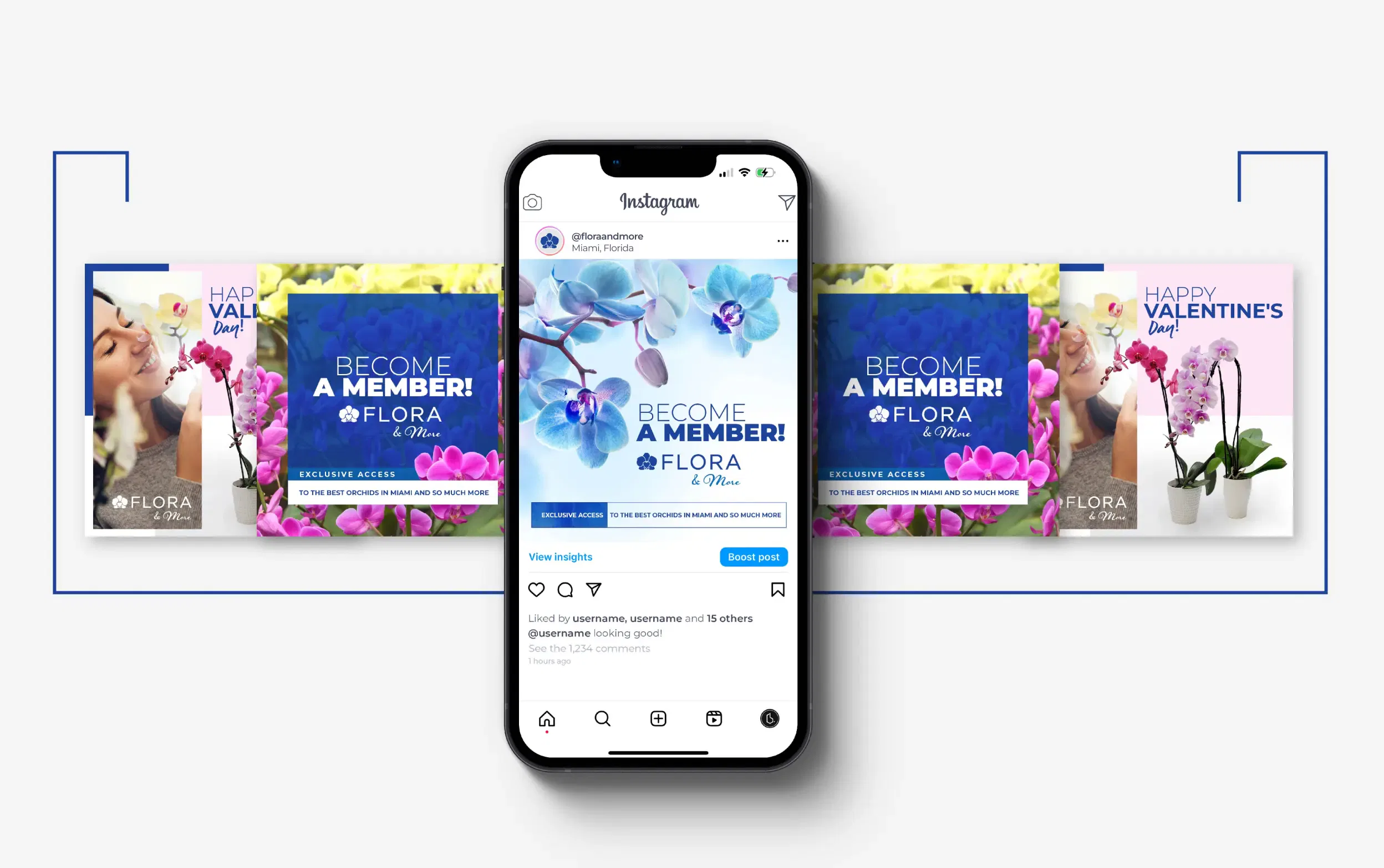 Instagram post showcasing vibrant floral designs with calls to join a membership program.