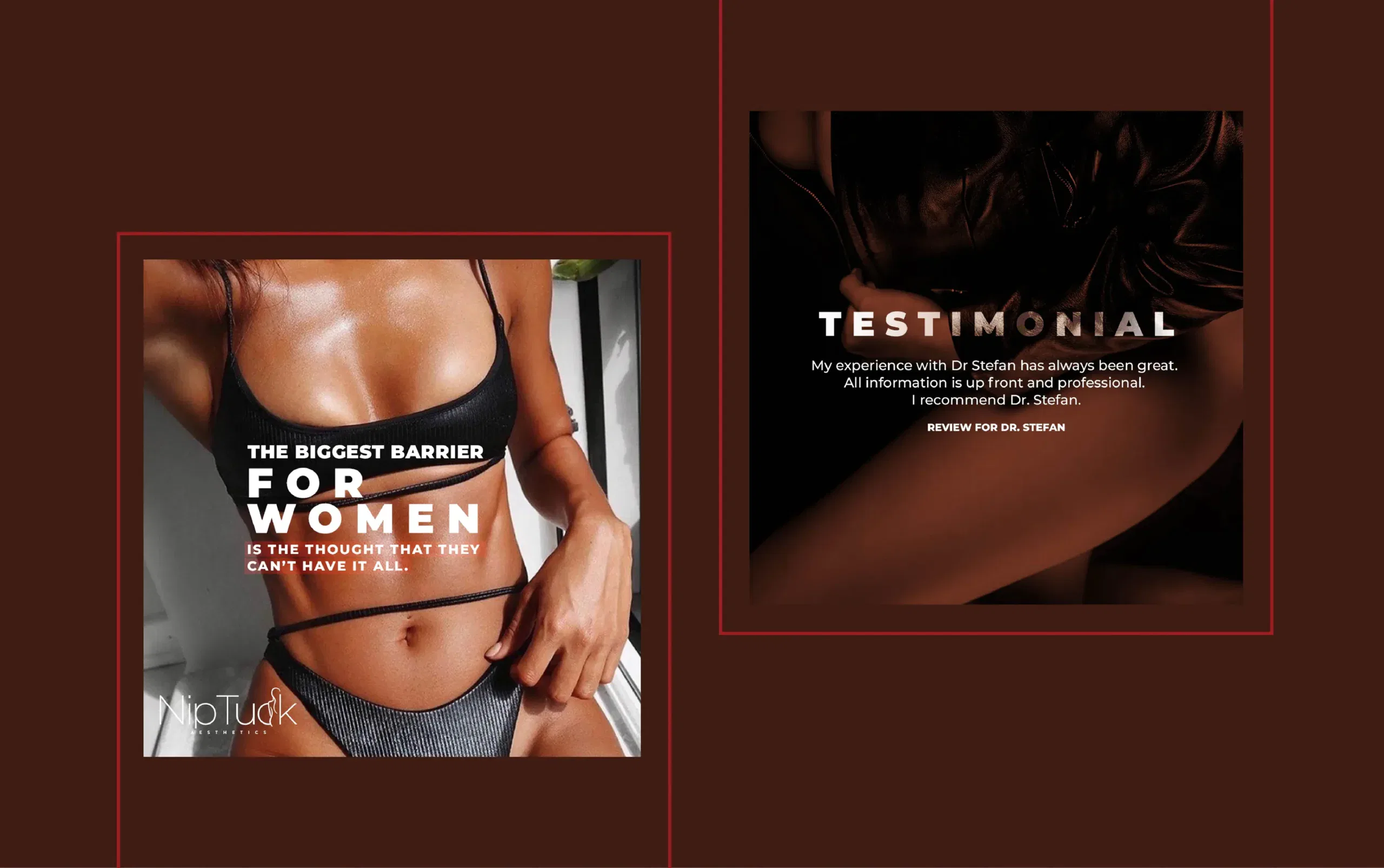 Fashionable woman in stylish bikini top and testimonials on a brown background.