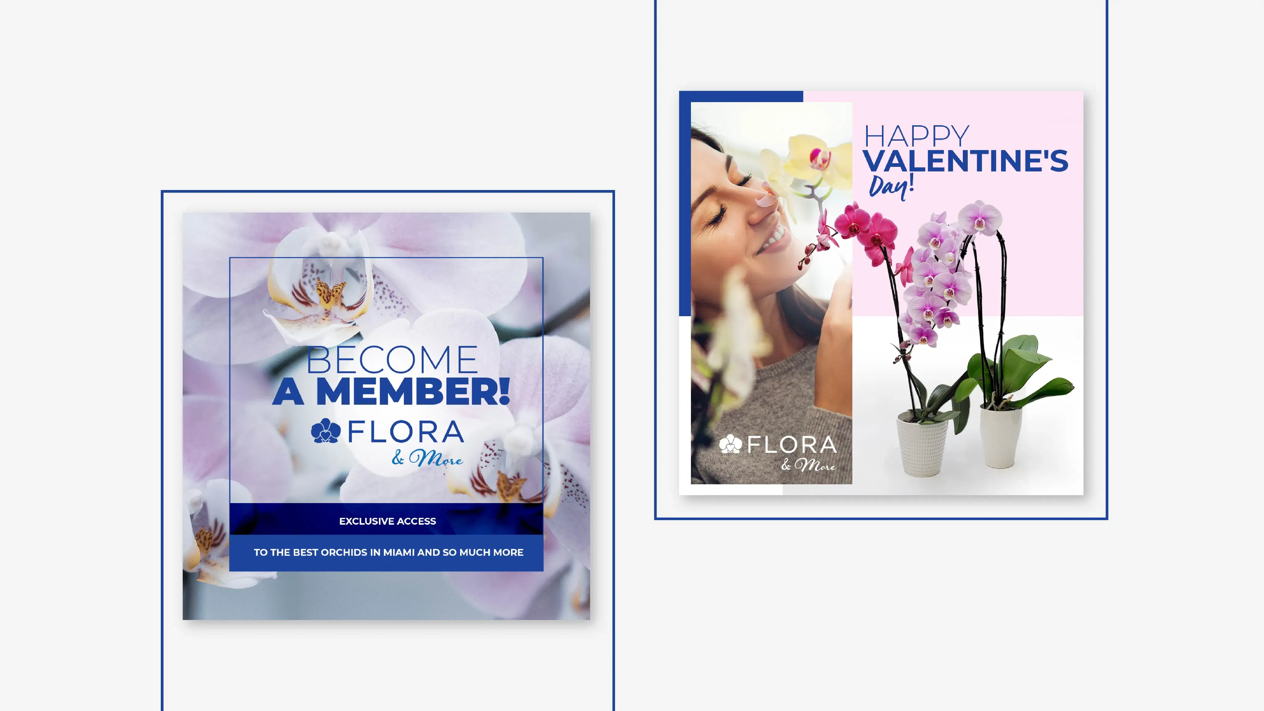 Two floral-themed promotional banners, one for becoming a Flora member and another celebrating Valentine's Day with vibrant flowers.