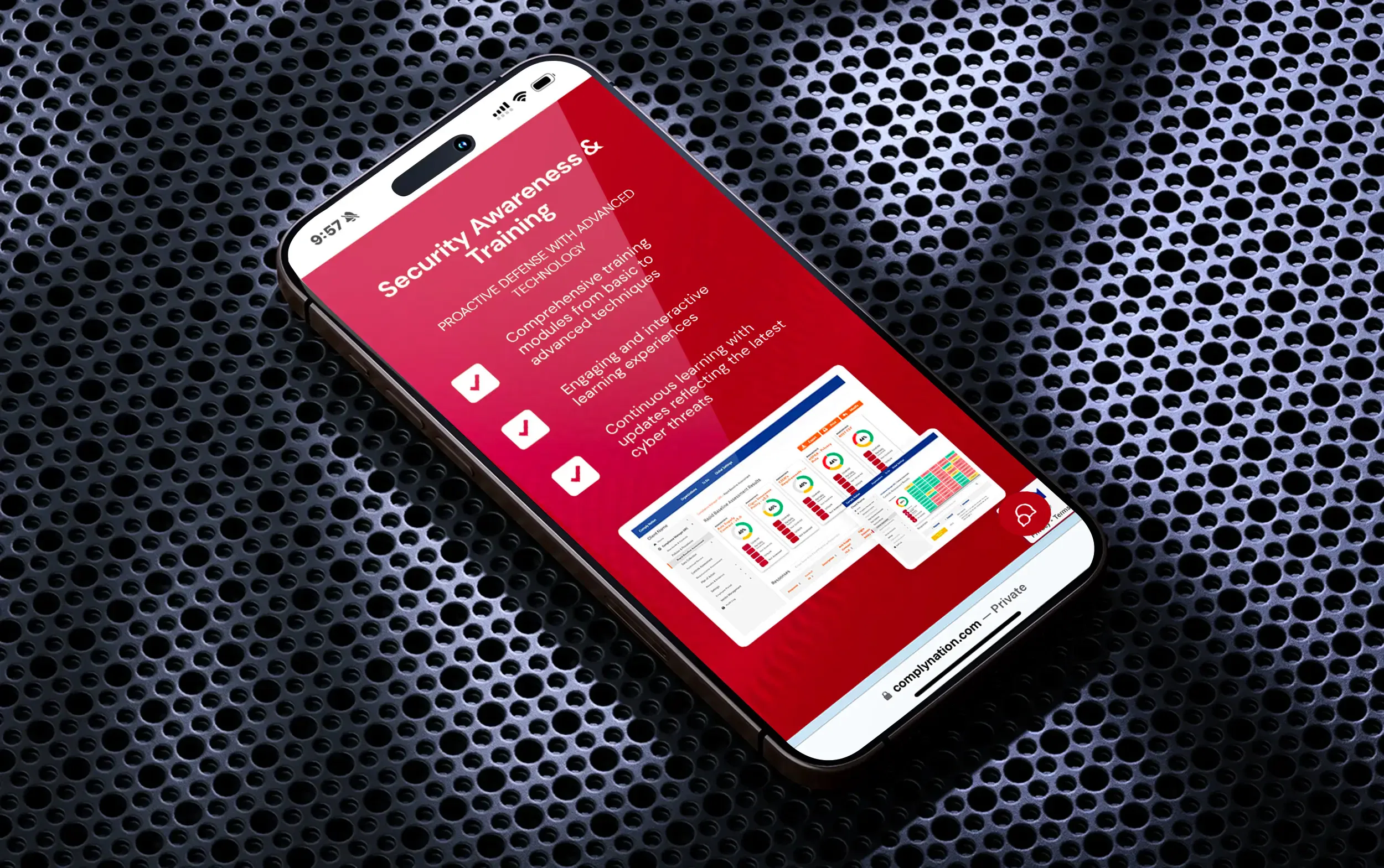 Smartphone displaying a security awareness training program on a perforated metallic surface.