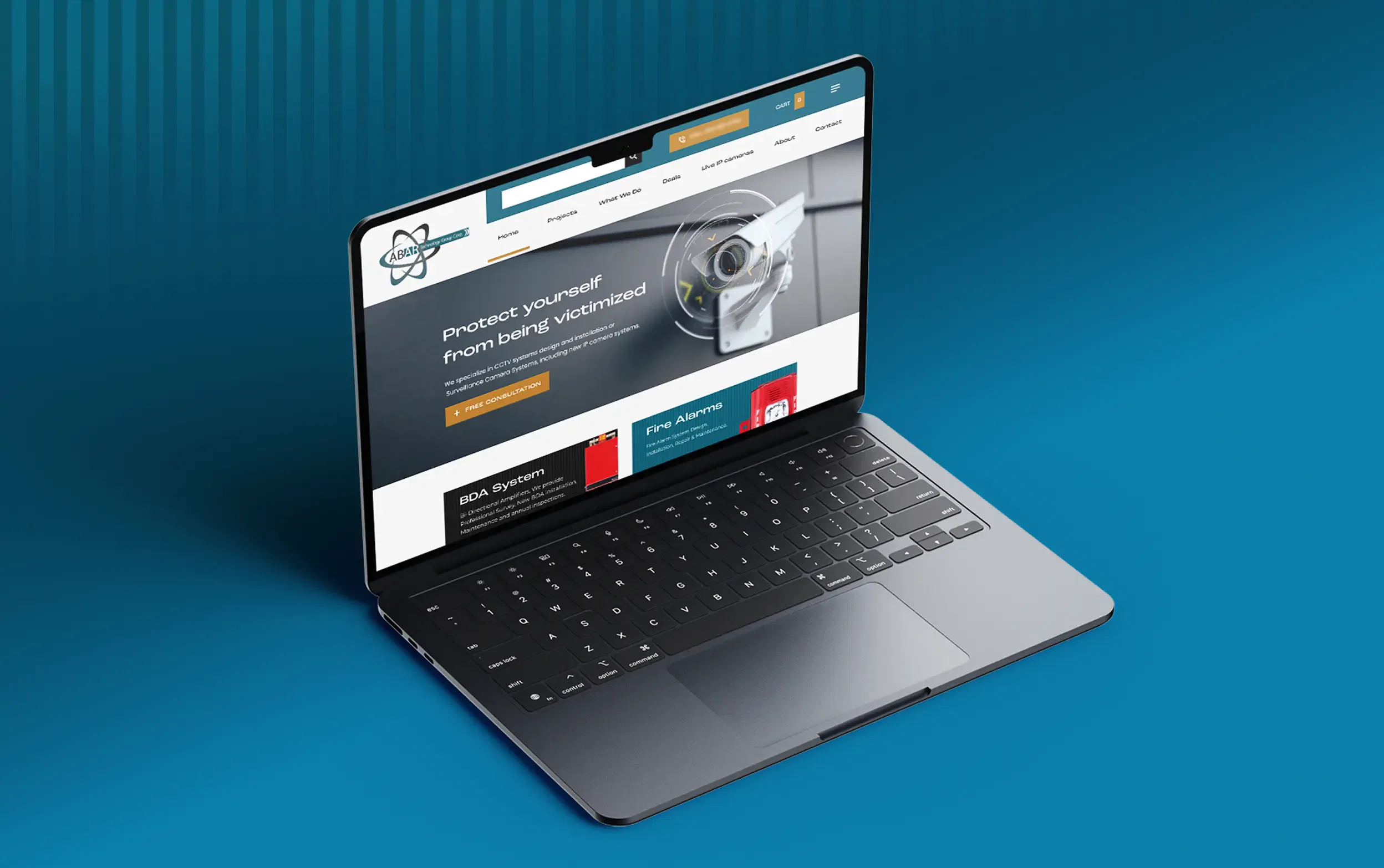 Sleek modern laptop displaying cybersecurity website against blue background.