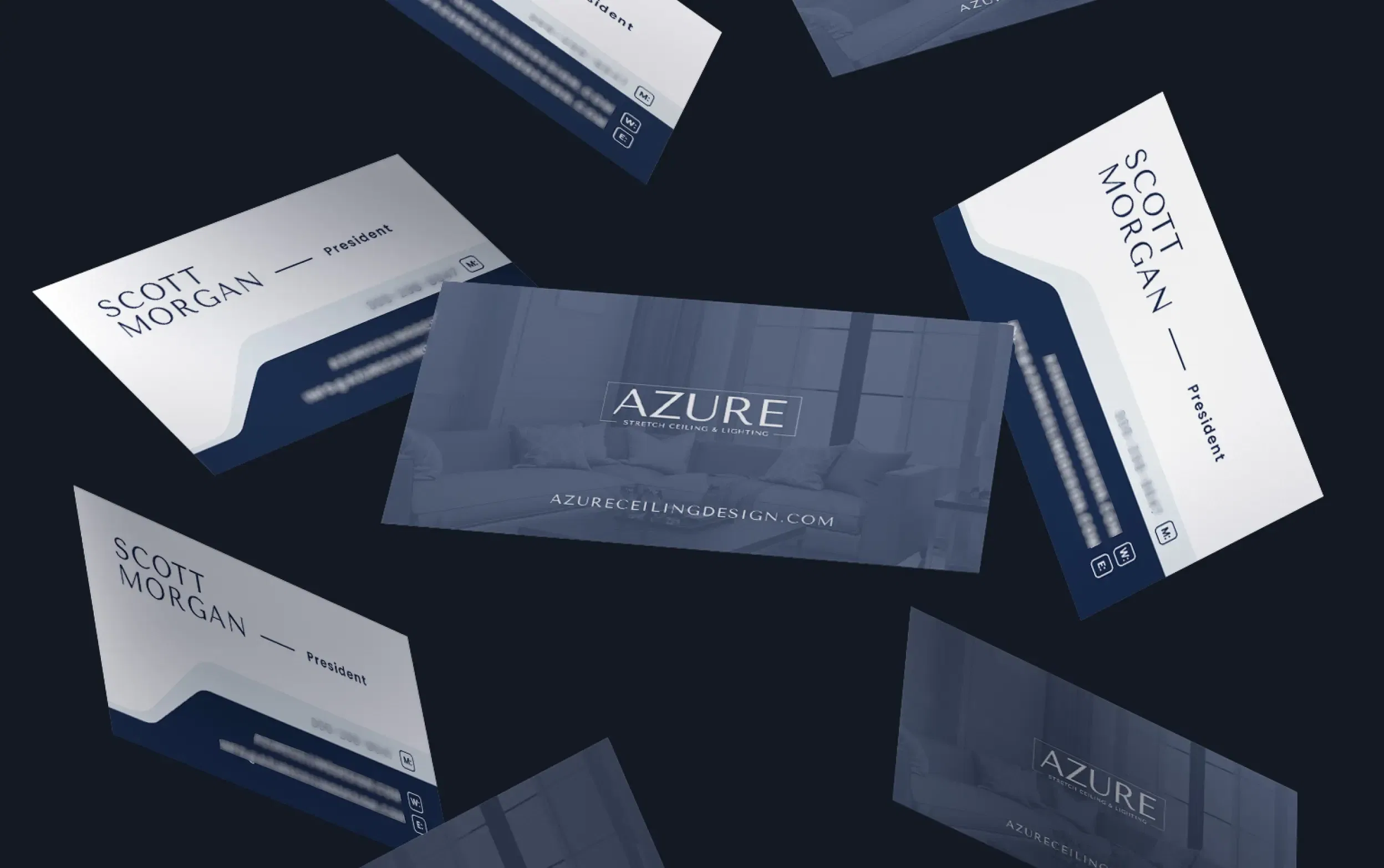Elegant floating business cards for Azure against a dark backdrop.