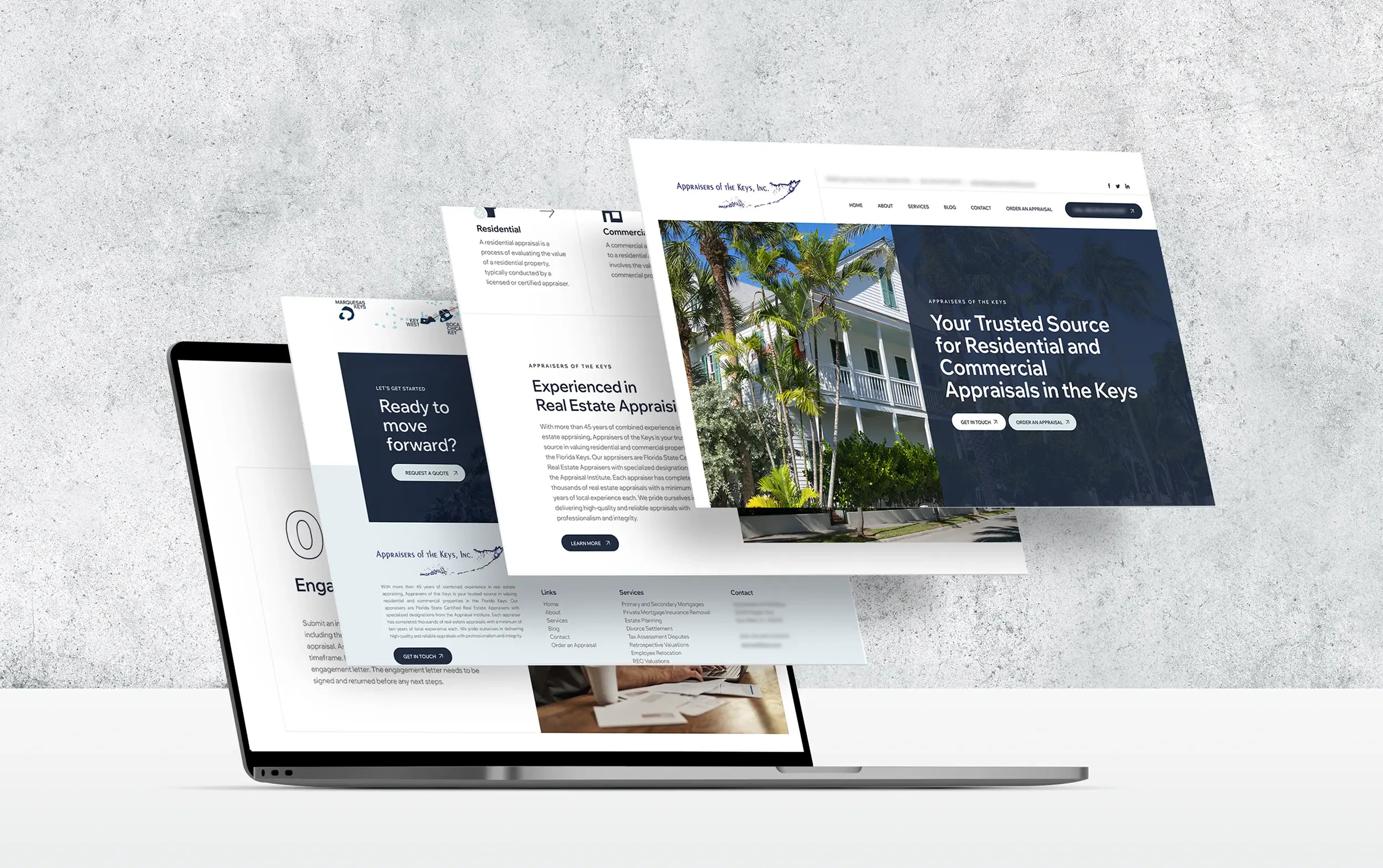Laptop displaying real estate appraisal websites with floating web page designs