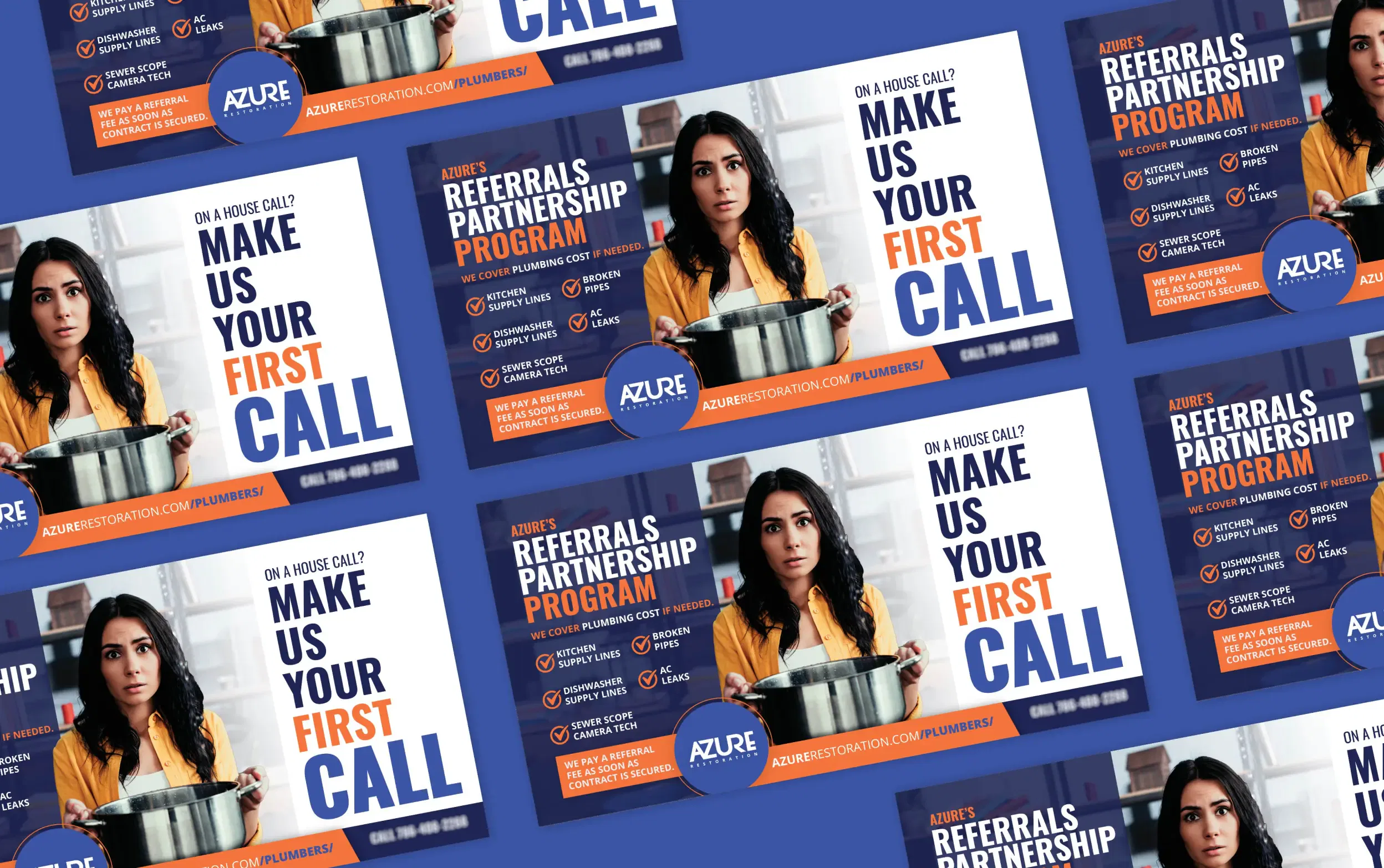 Collage of a woman with brochures promoting a referrals partnership program.