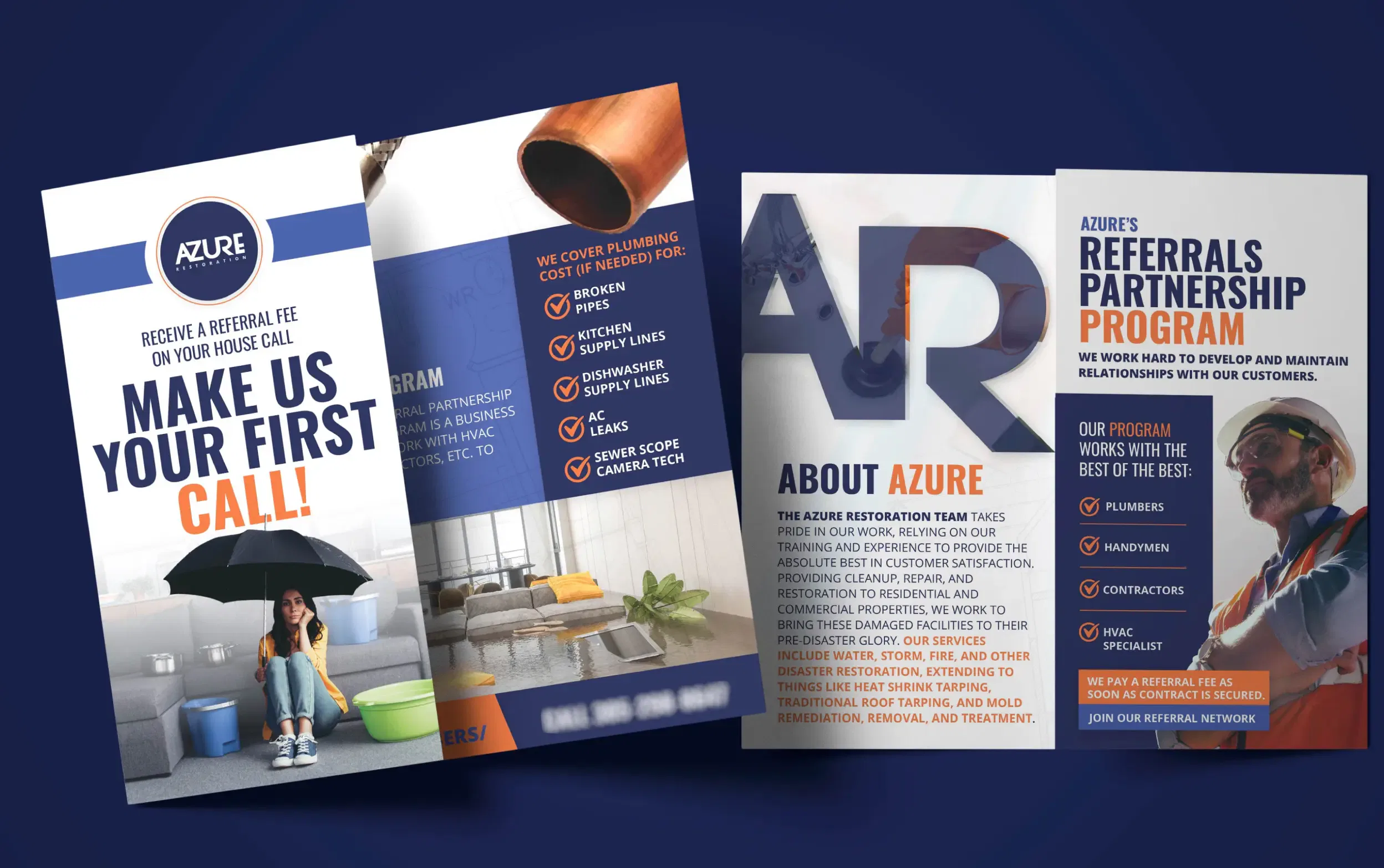 Brochures displaying services and partnership details for a company focusing on innovation and collaboration.