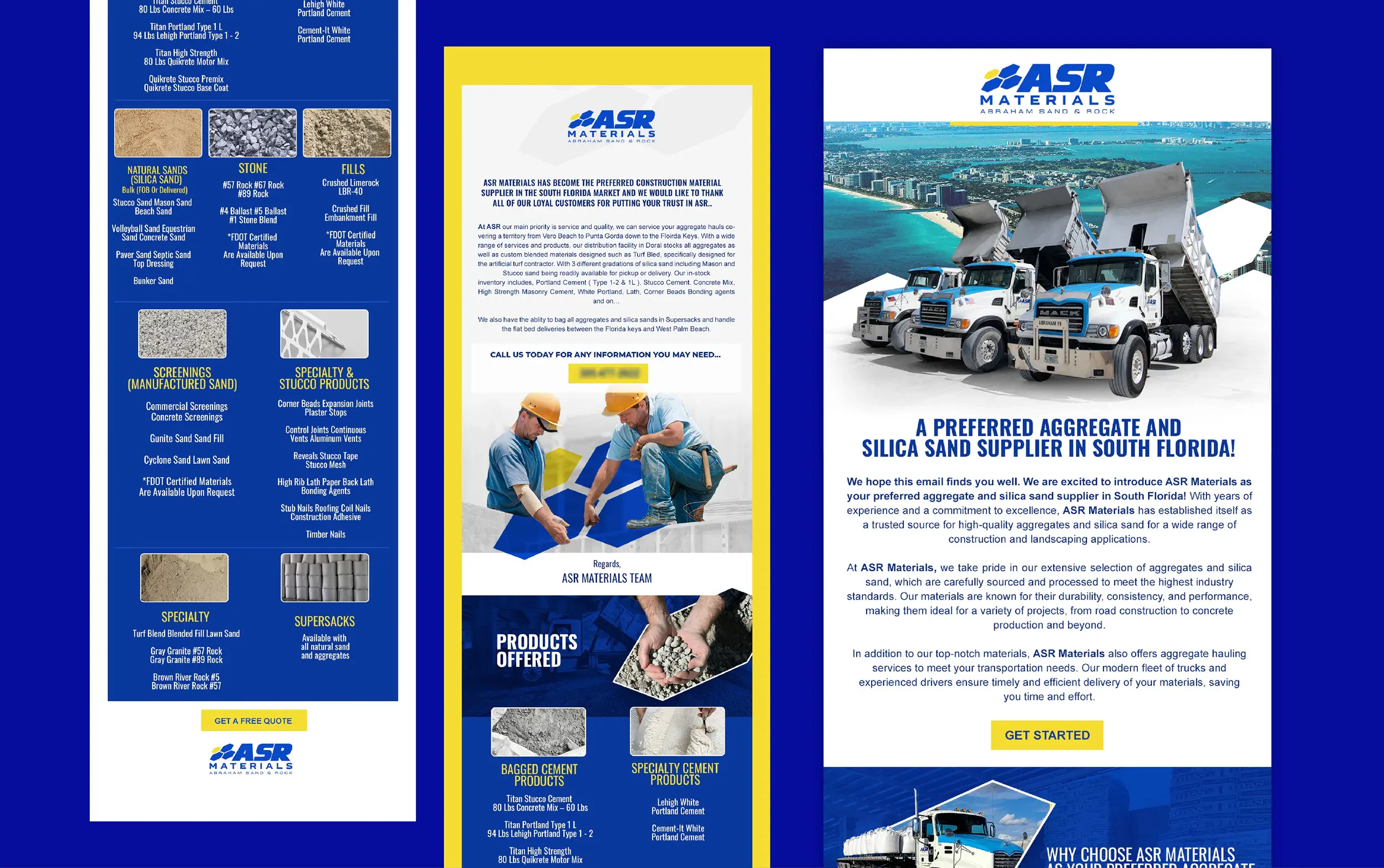 ASR Materials brochure with silica sand information and product images.