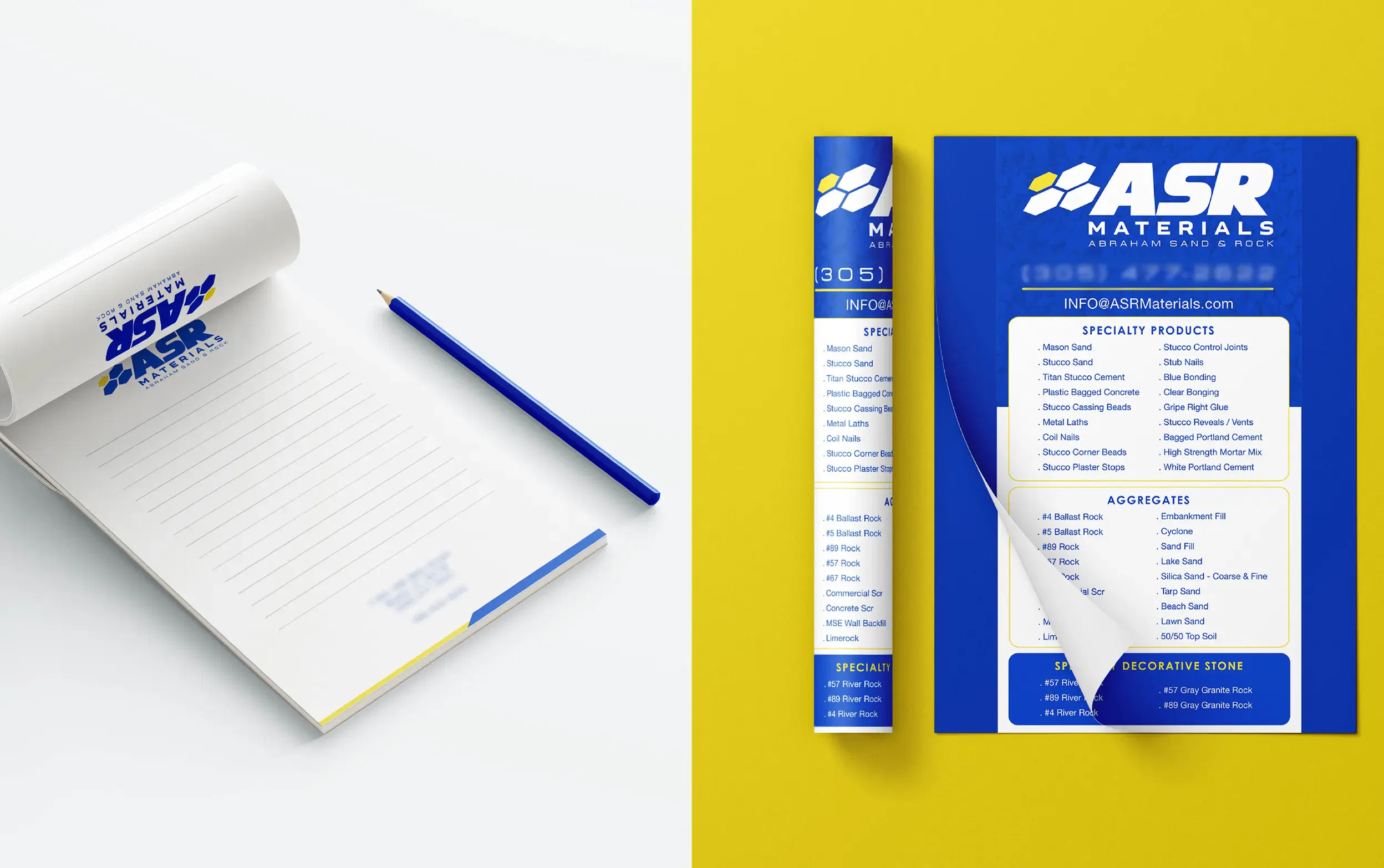 Blue and white ASR Materials branded stationery on a bright yellow background.