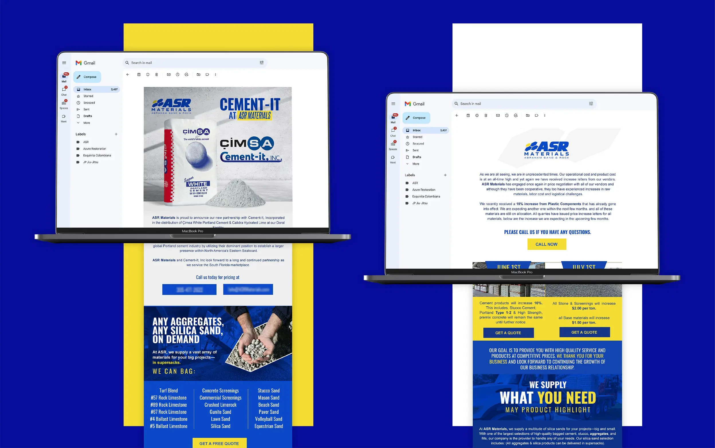 Vibrant webpage designs featuring cement product advertisements on blue and yellow backgrounds.