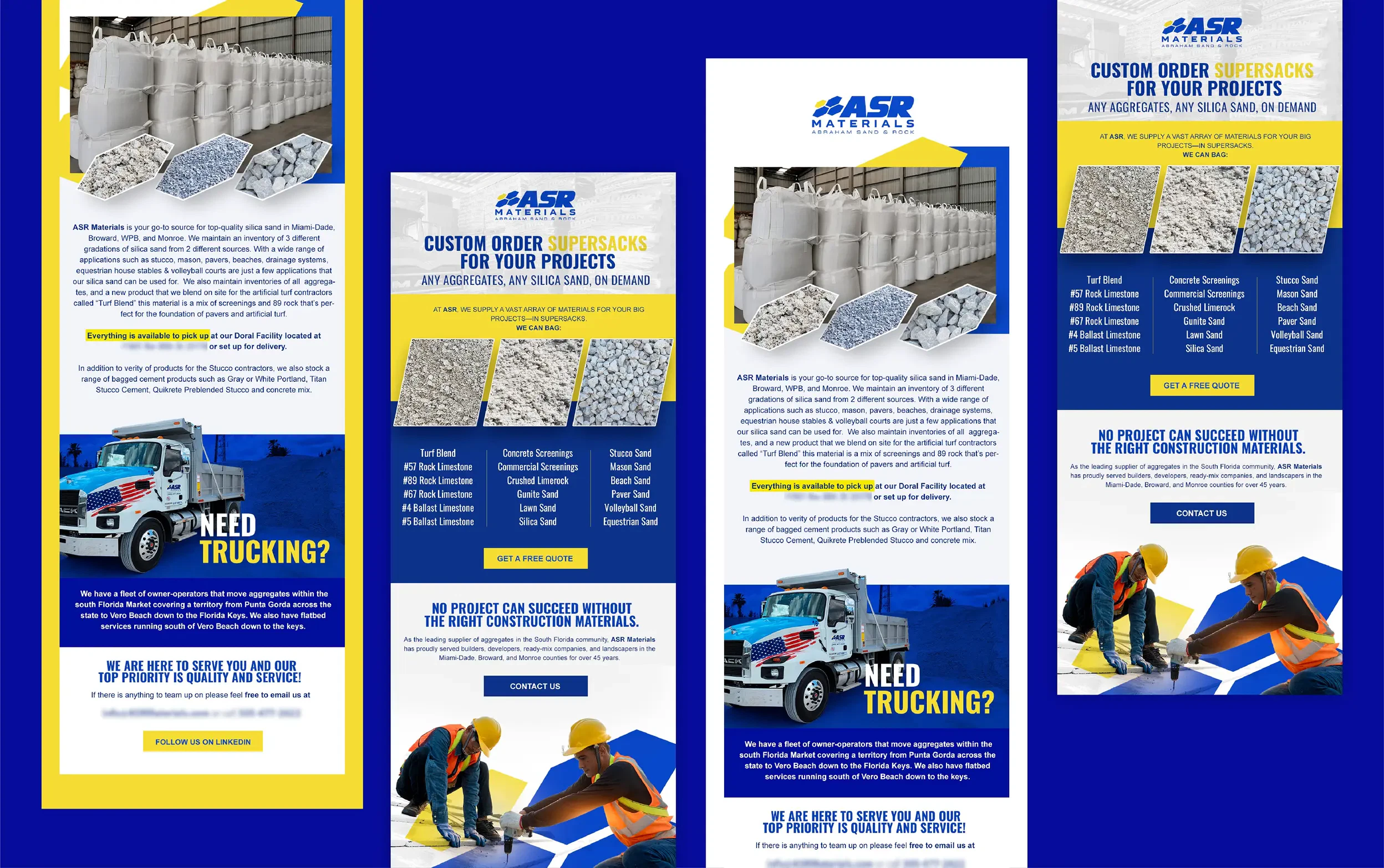Flyer showcasing a trucking company with images of trucks, workers in helmets, and construction materials against a blue background.