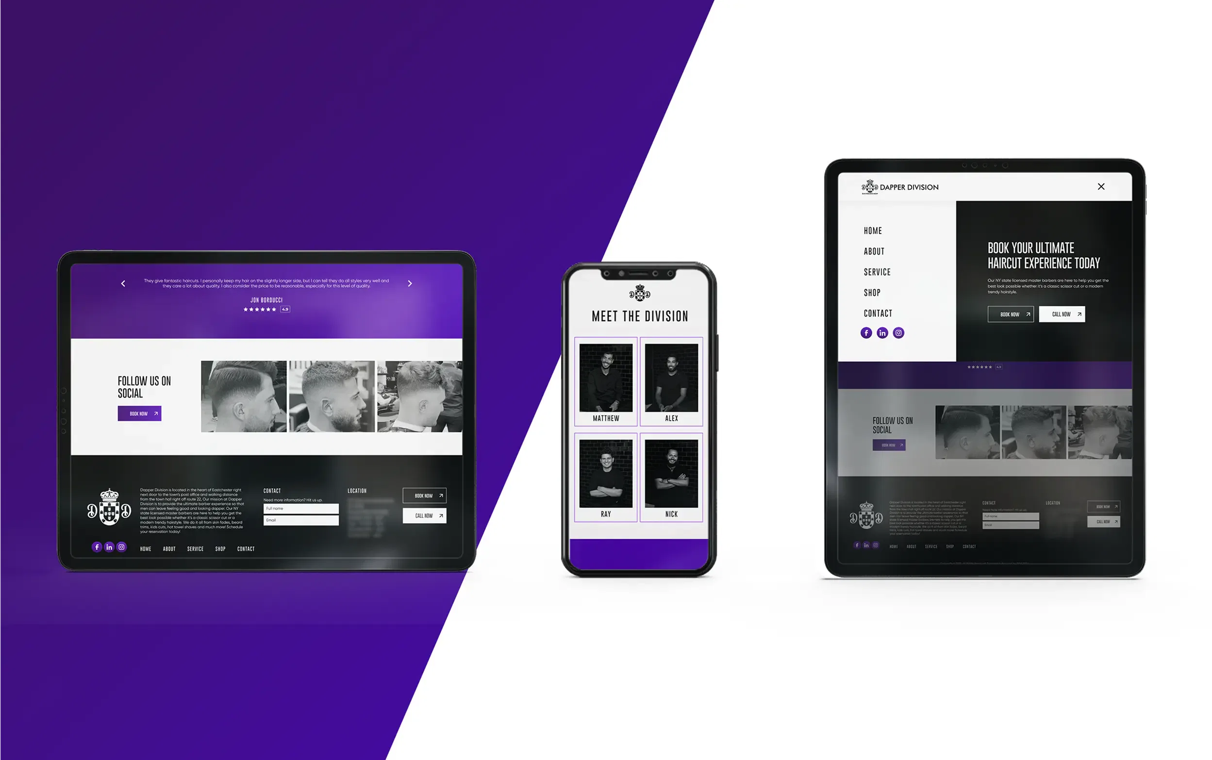 Responsive website design on a tablet and smartphone with a modern purple and black theme.