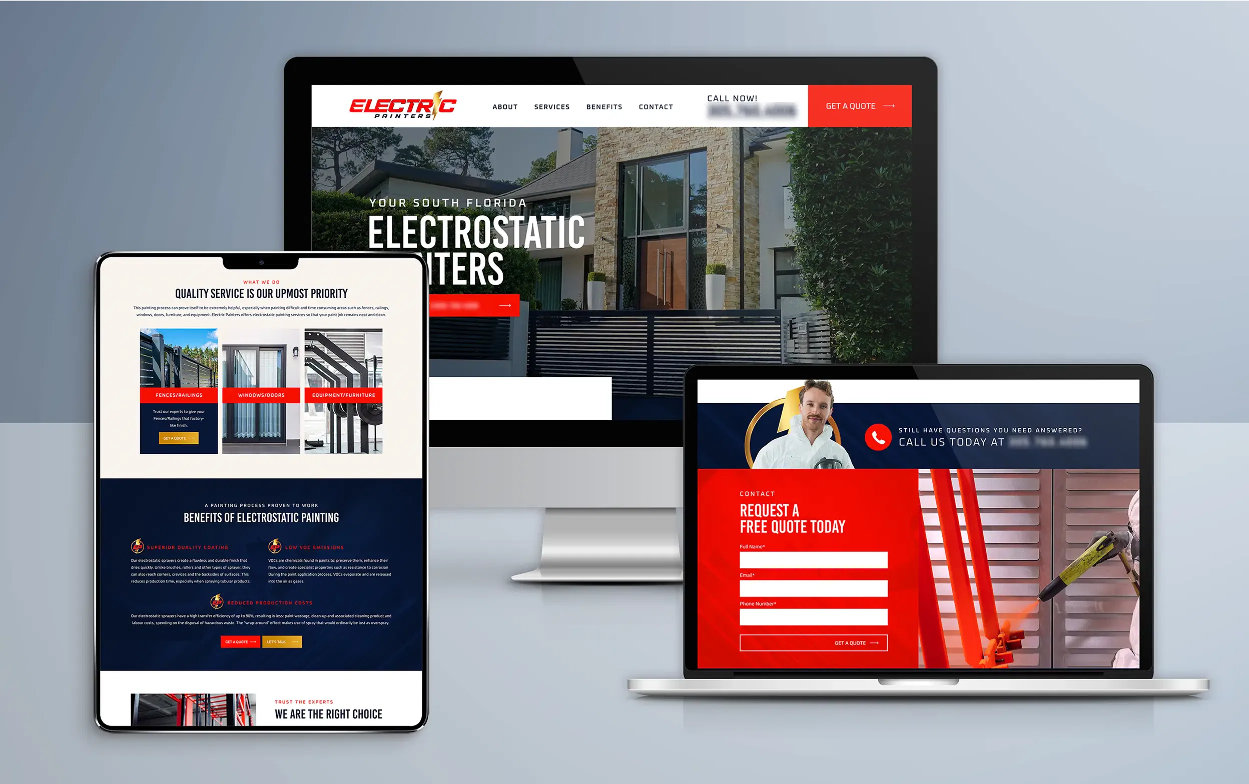 Responsive design on desktop, laptop, and tablet screens showcasing an electrostatic painters website.