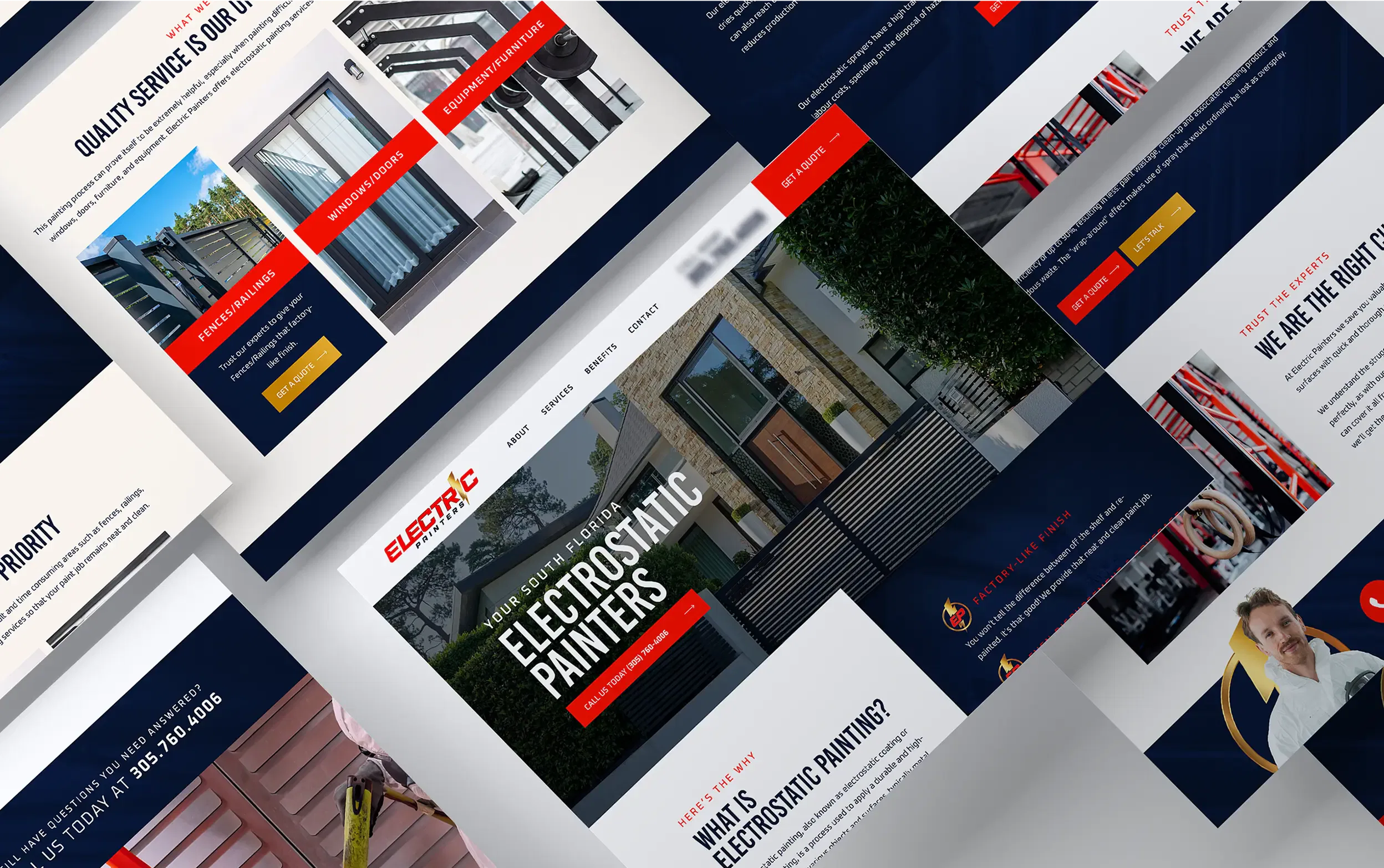 Multiple website design layouts showcasing electrostatic painting services.