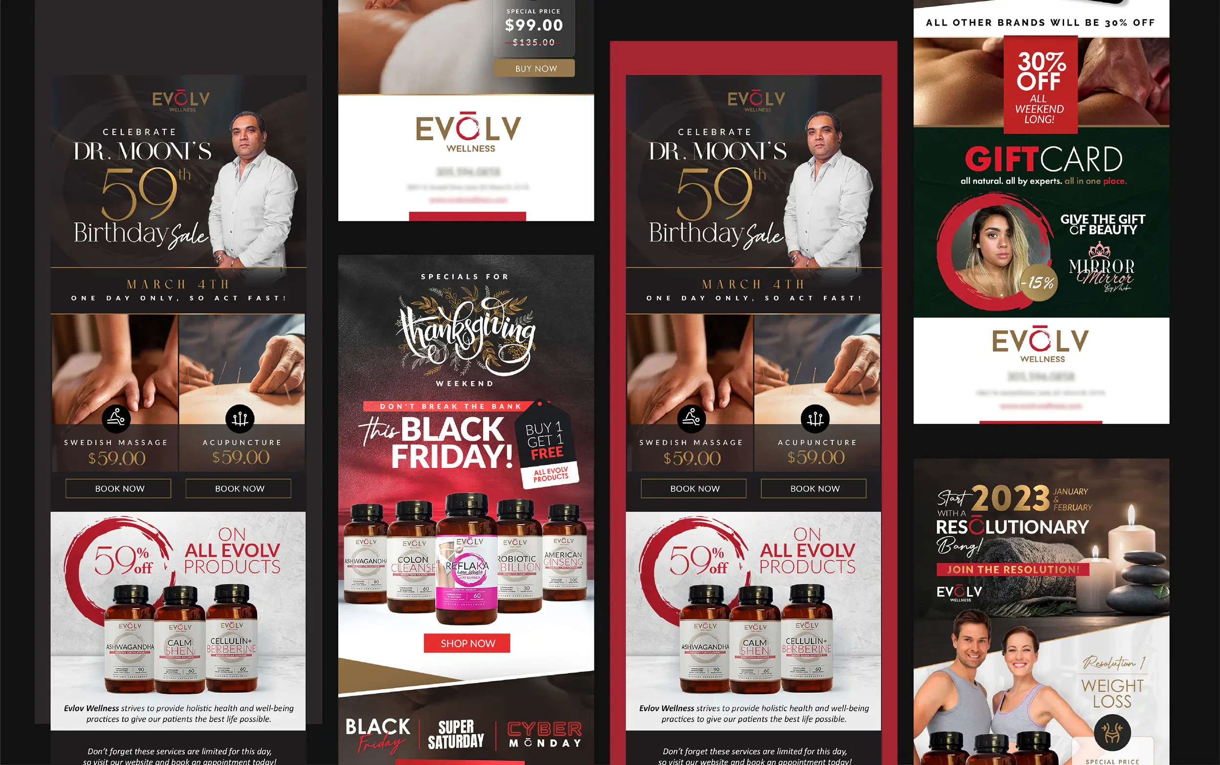 EVOLV promotional posters featuring deals, offers, and gift cards with vibrant graphics and compelling images.
