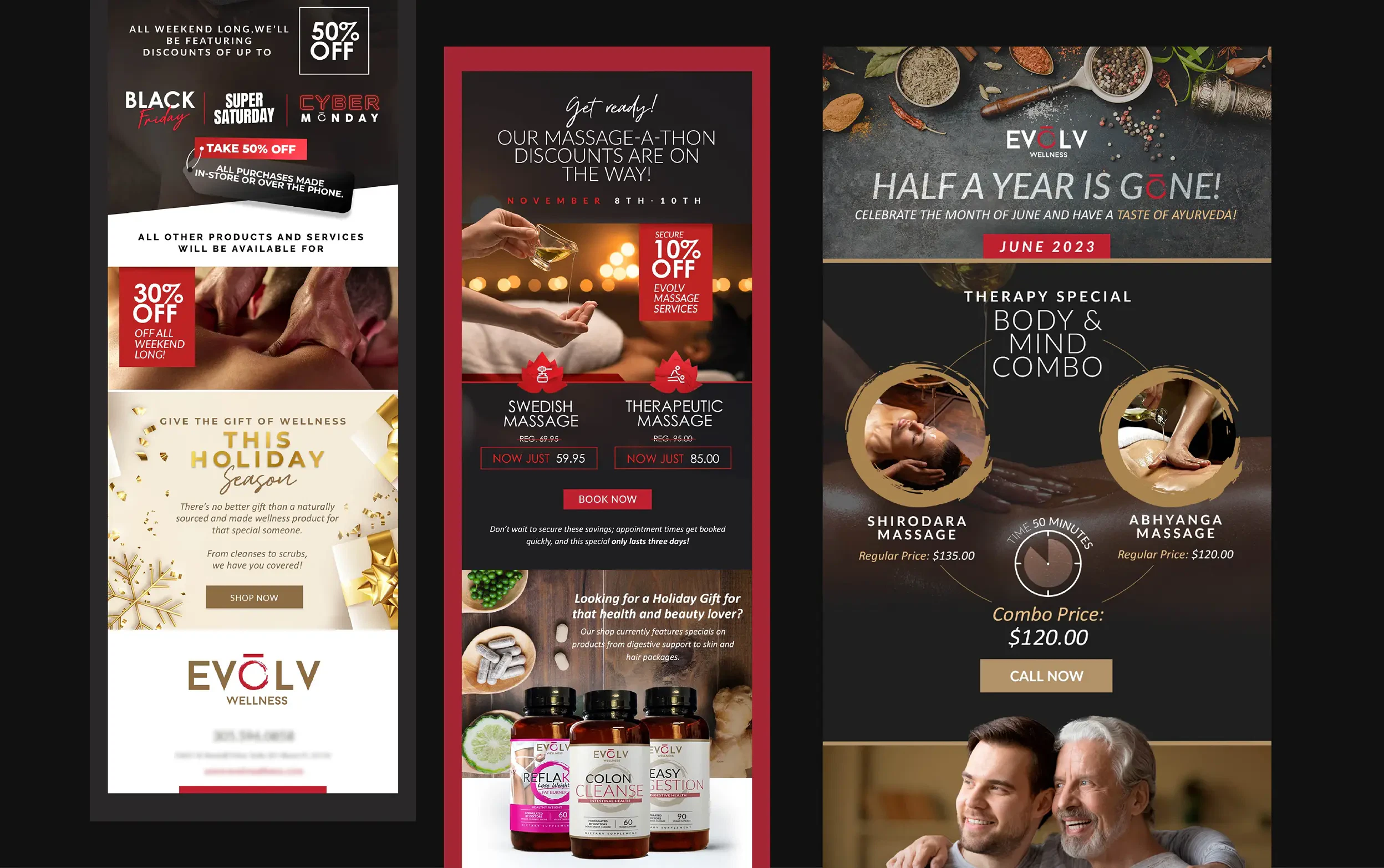 Wellness therapy promotions with massage offers and holiday deals on beauty products.