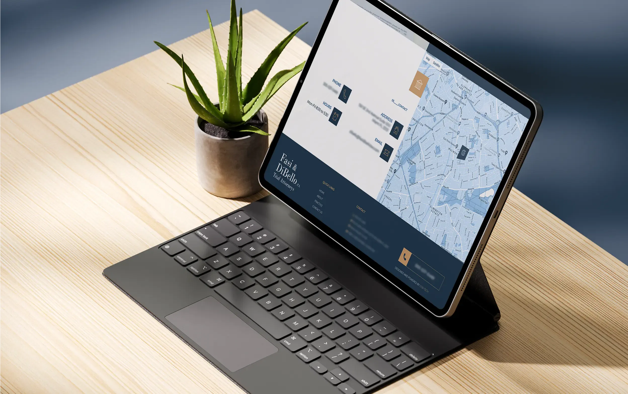 Tablet with keyboard showcasing a digital map and notes beside a potted plant.