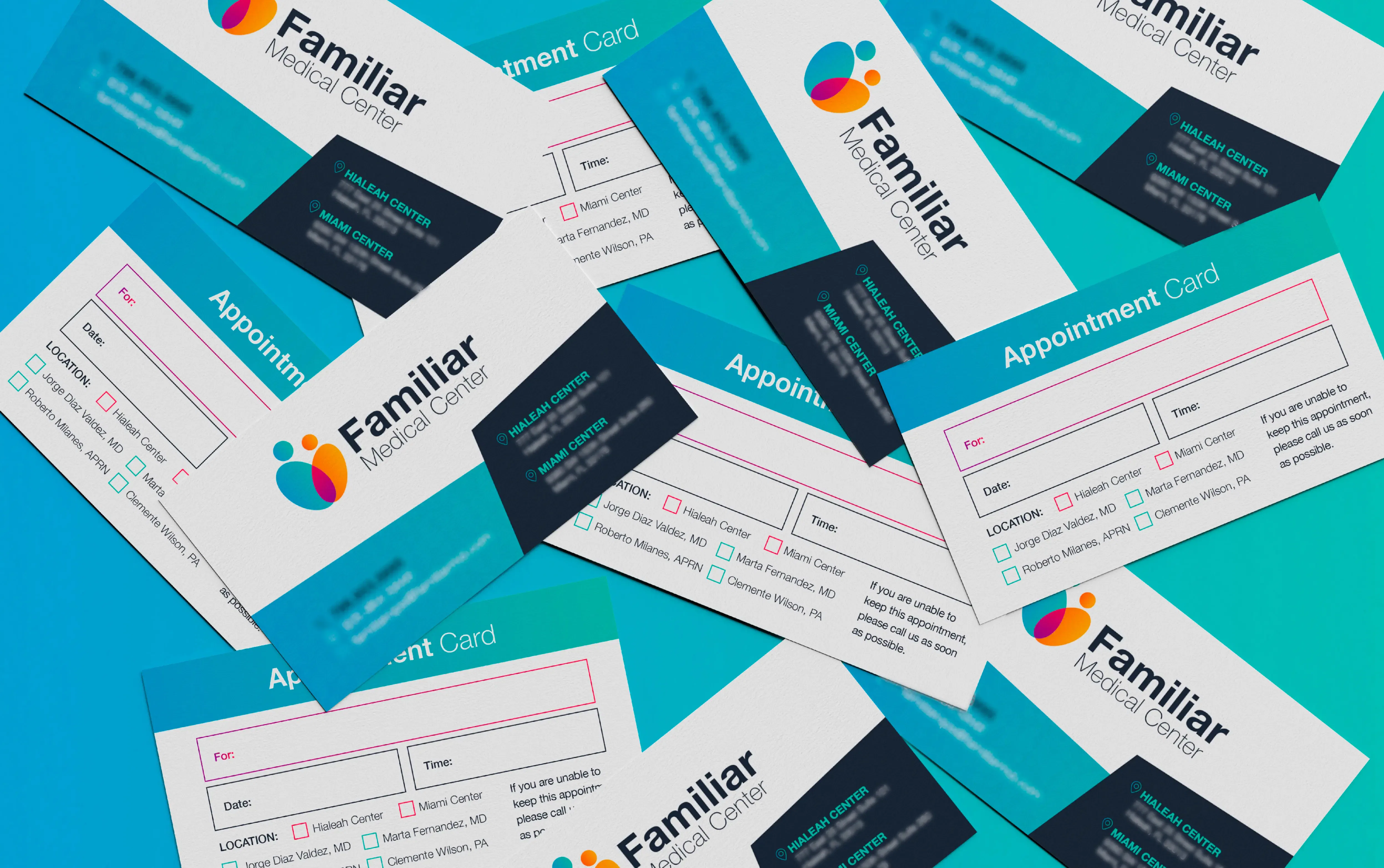 Assorted business and appointment cards with vibrant designs on a blue and white background.