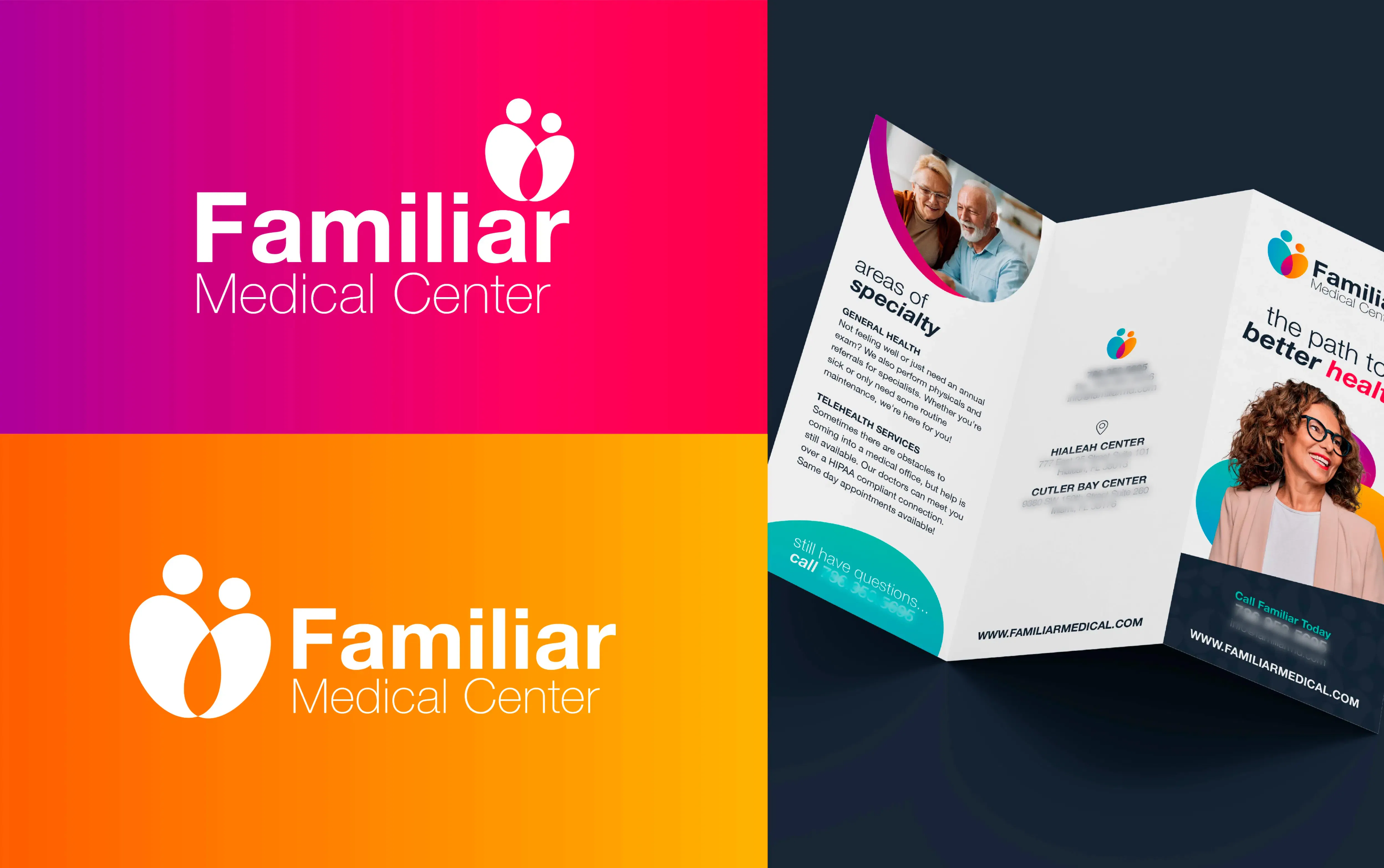 Vibrant marketing materials for Familiar Medical Center featuring logo and brochure.