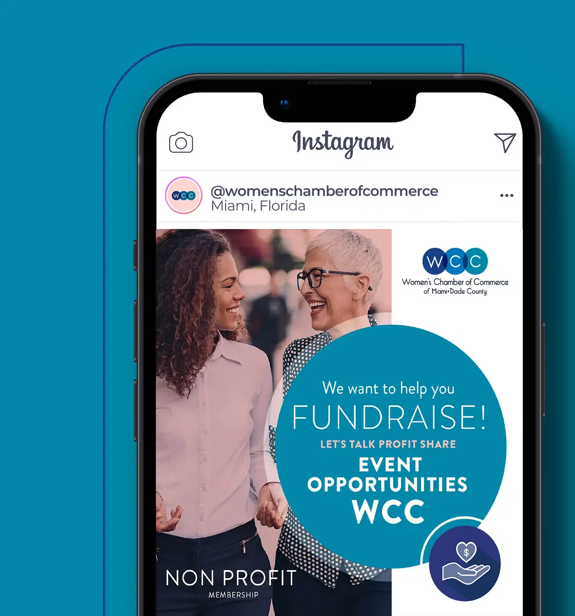 Instagram post featuring Women’s Chamber of Commerce fundraising event promotion.