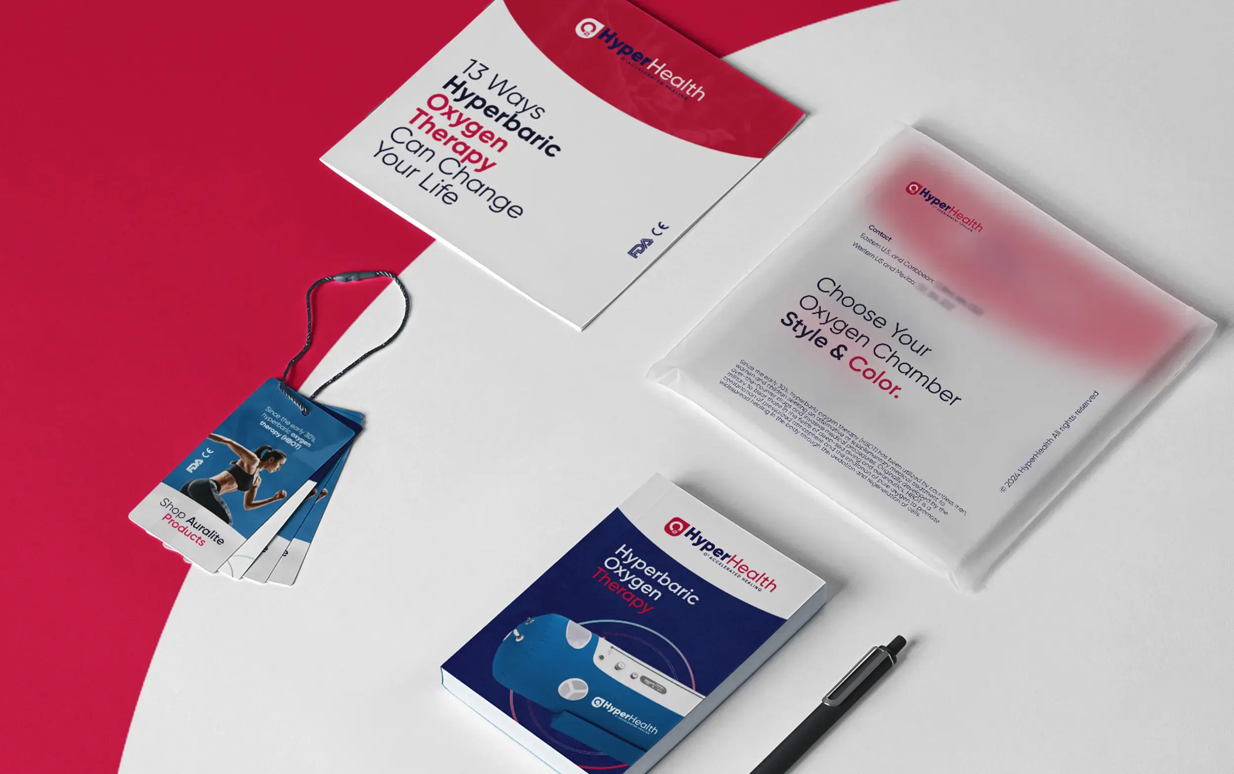 Healthcare promotional materials on a table featuring brochures and lanyard tags with vibrant designs.