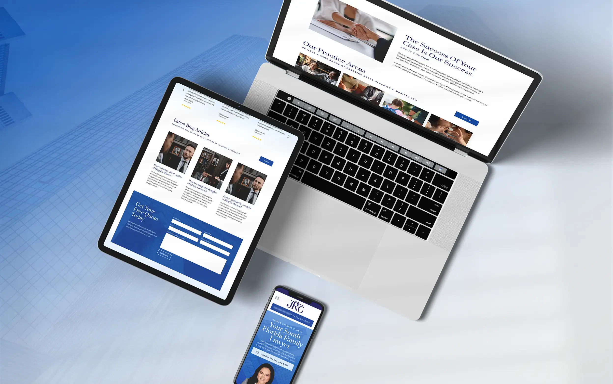 Laptop, tablet, and smartphone displaying a responsive business website layout.
