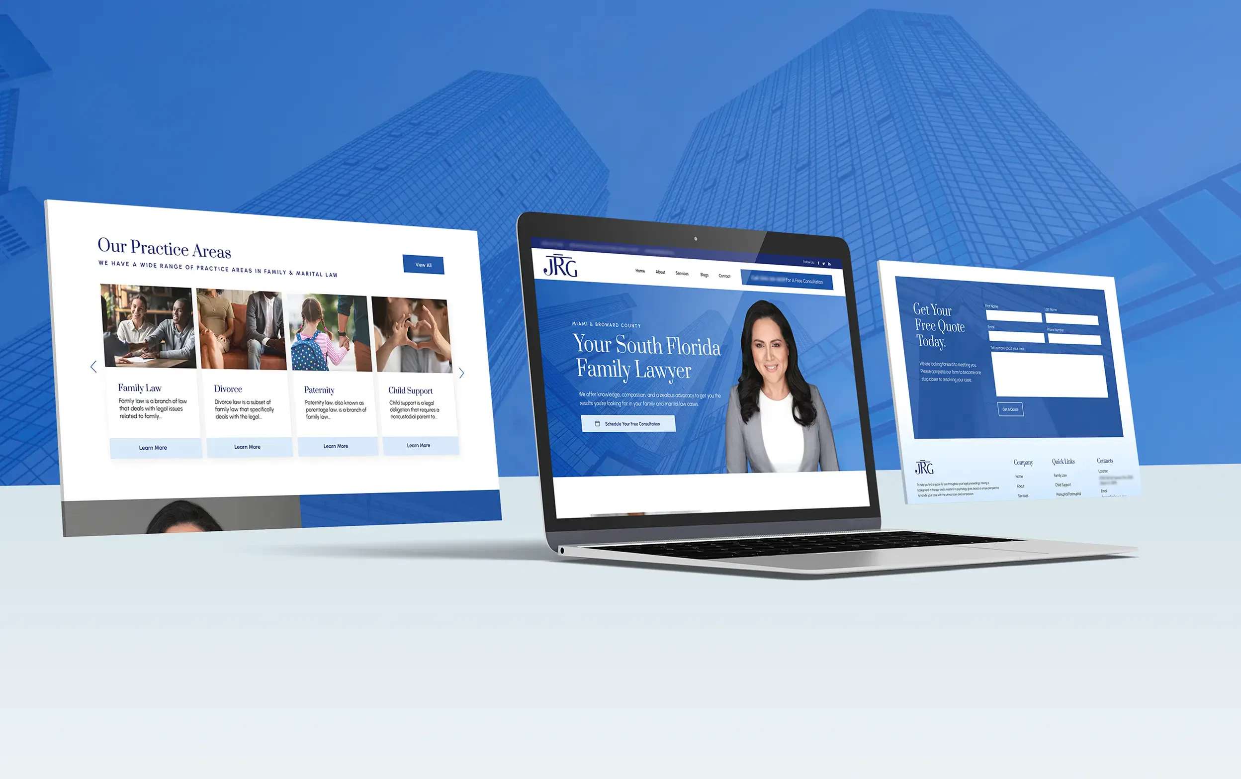 Digital display showing a sleek family law firm website on various devices.