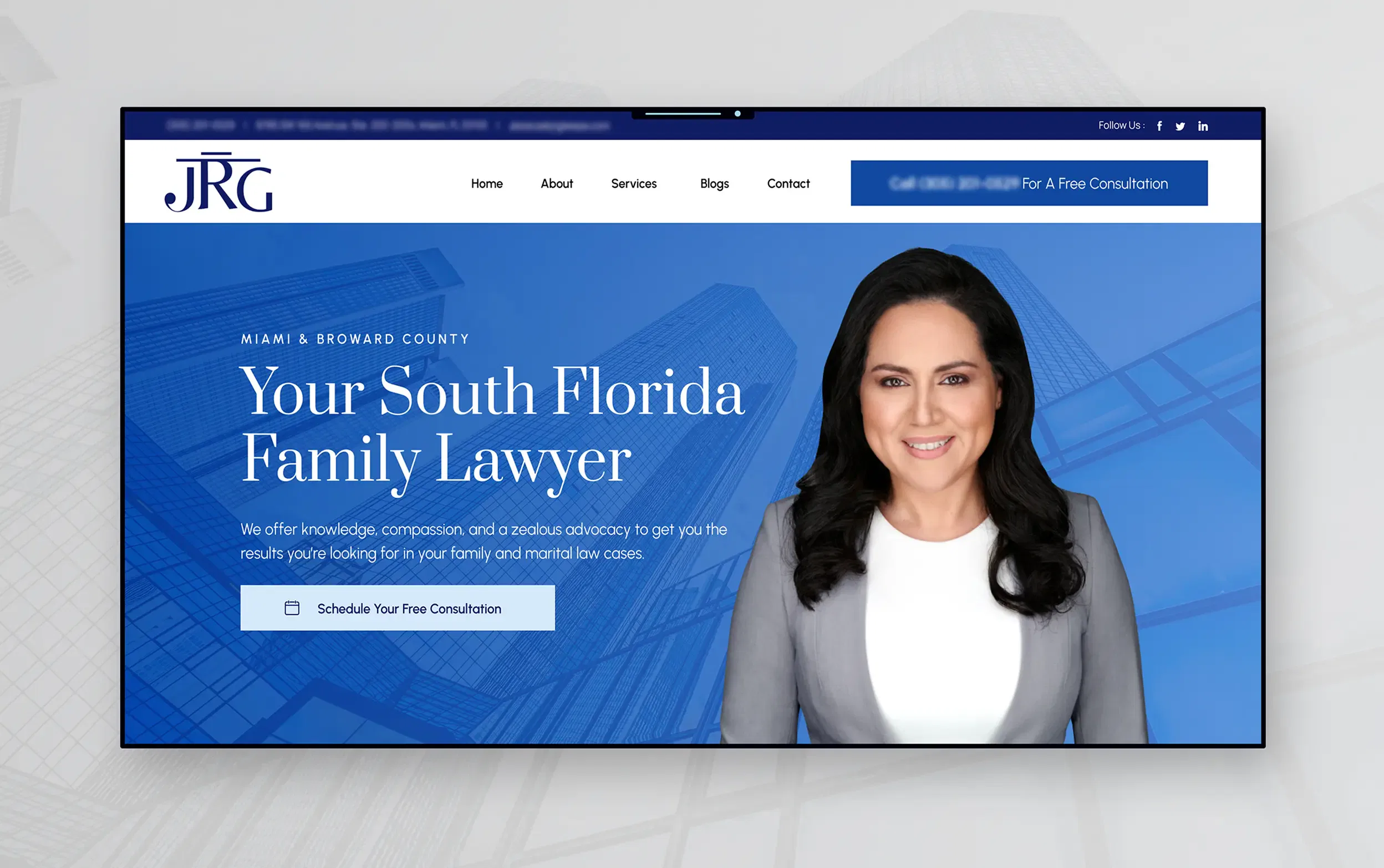 Website homepage featuring a South Florida family lawyer with contact details and services outlined.