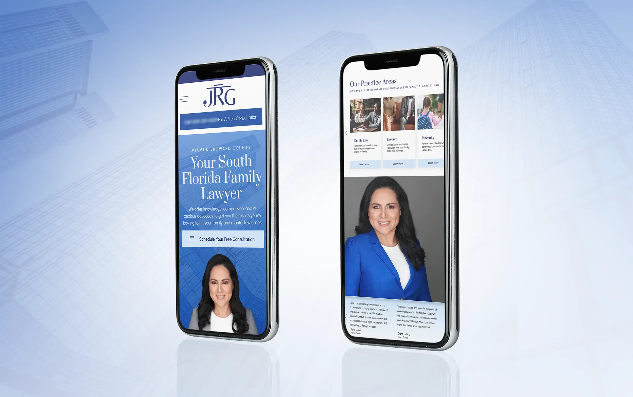 Two smartphones displaying a legal services website for a South Florida family lawyer.