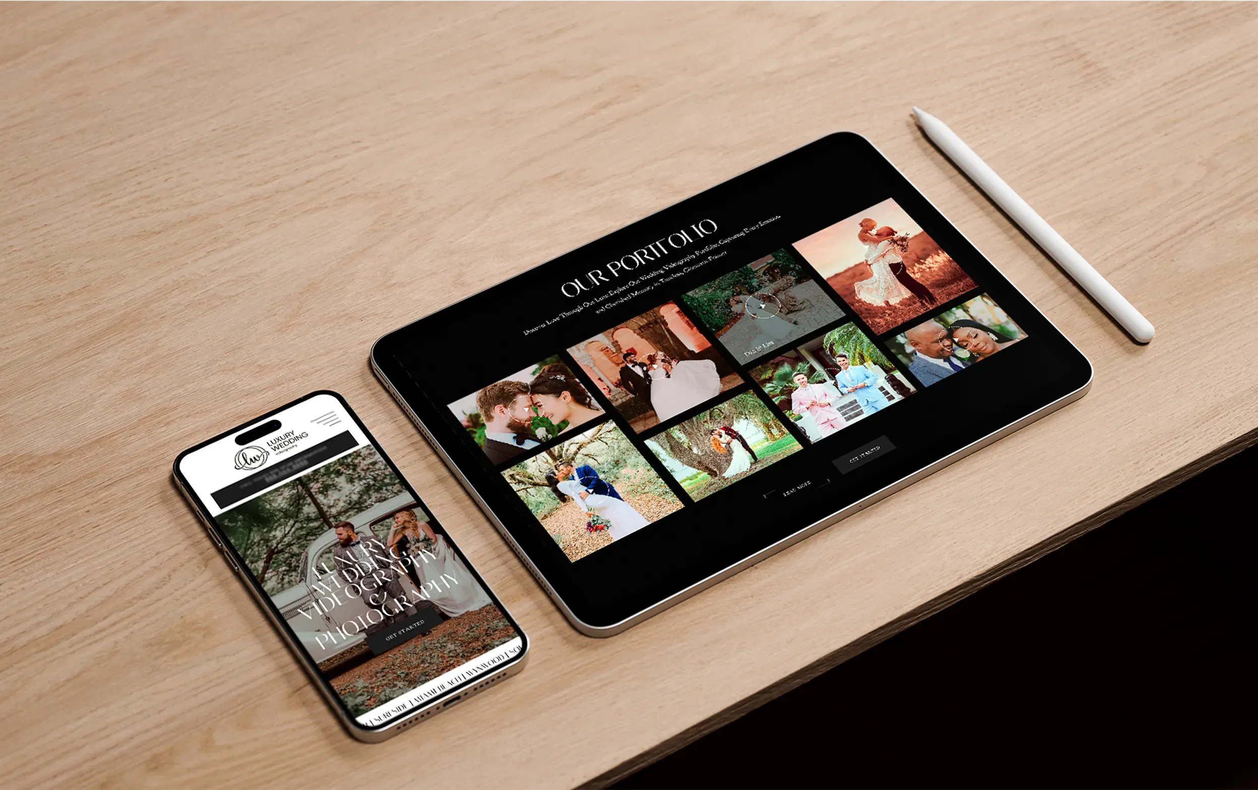 Tablet and smartphone displaying vibrant gallery of dance images on a wooden table.