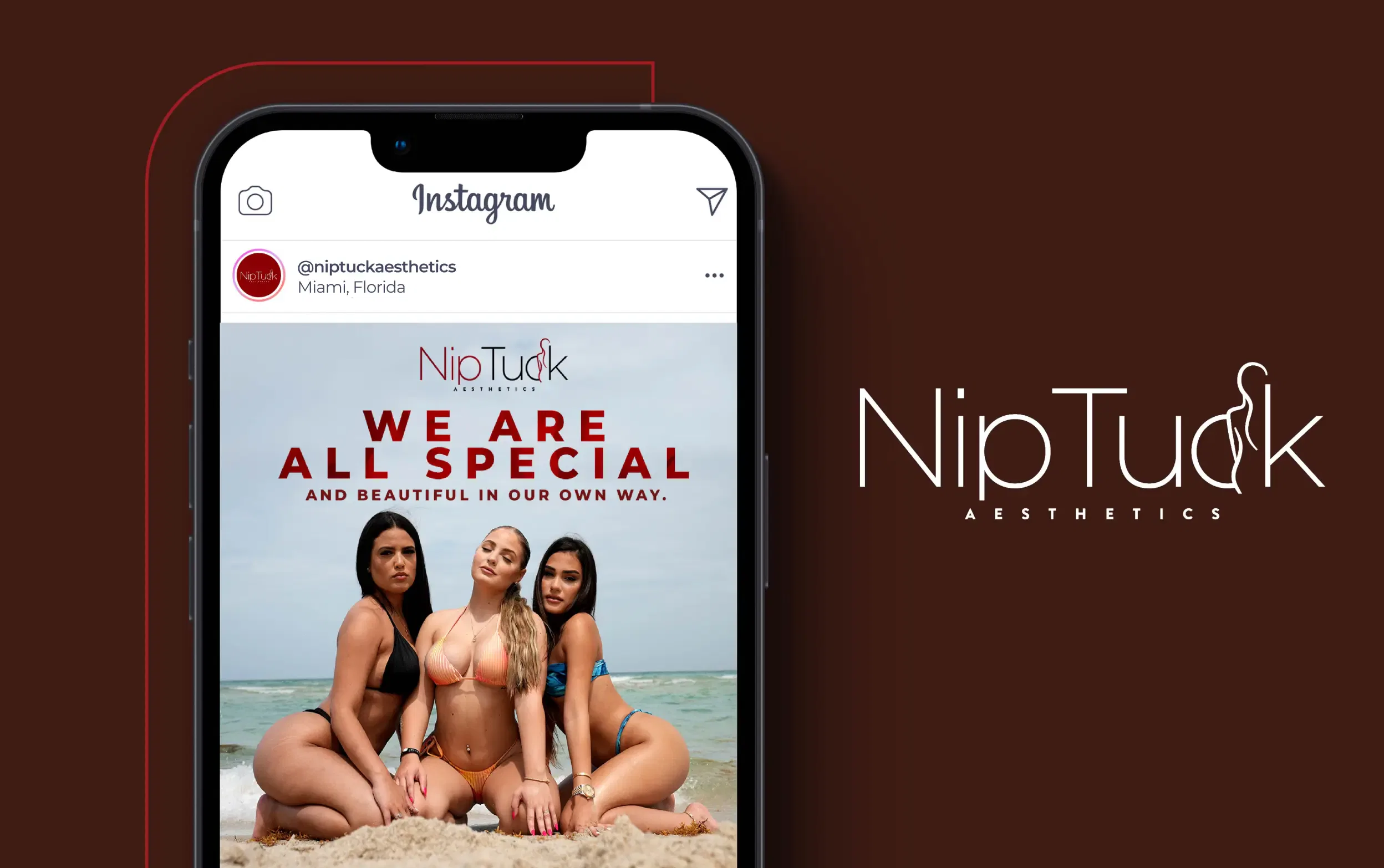 Group of women posing on beach with NipTuck Aesthetics branding.