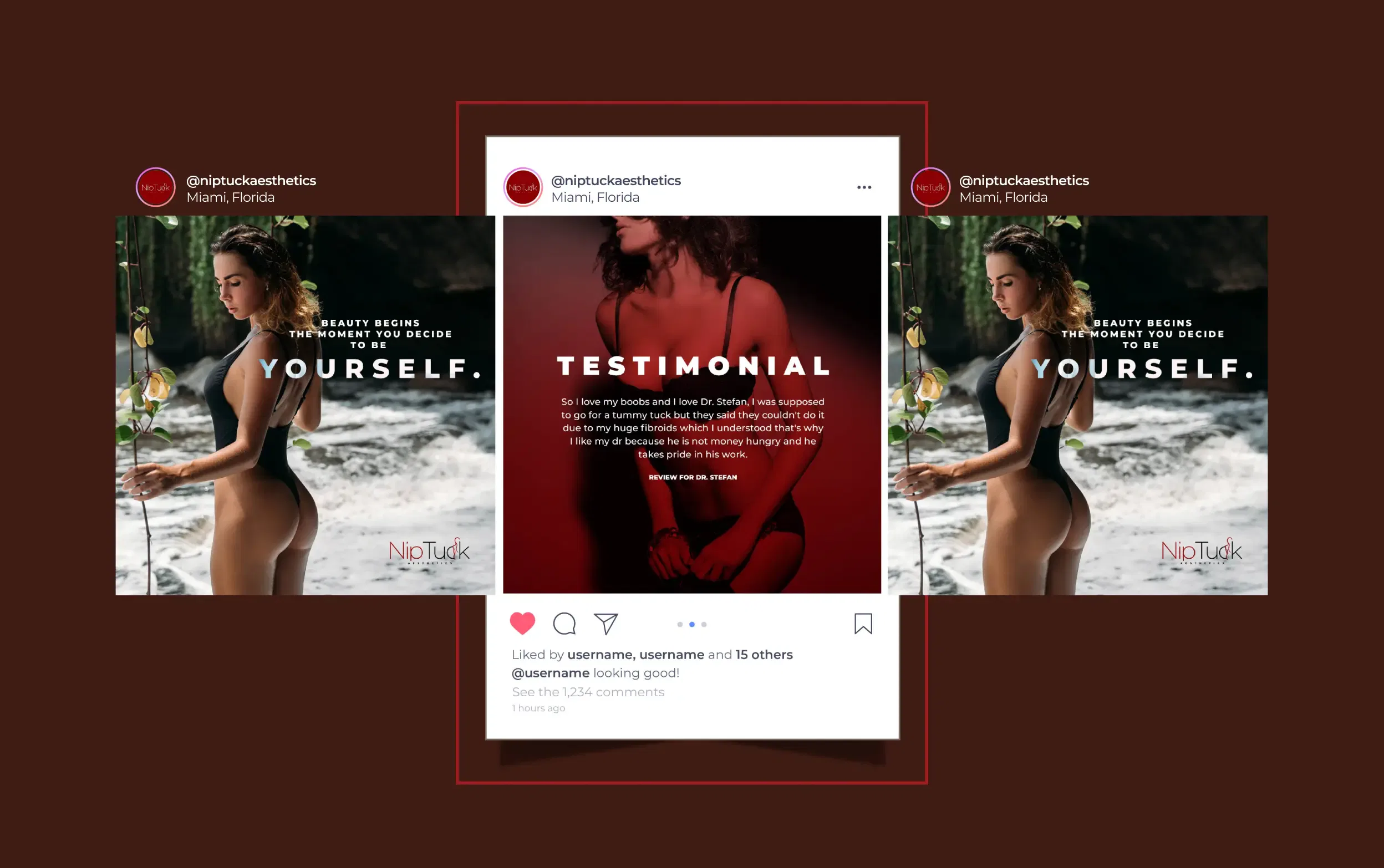 Social media testimonial featuring a woman in a sleek black outfit with background images highlighting health and wellness themes.