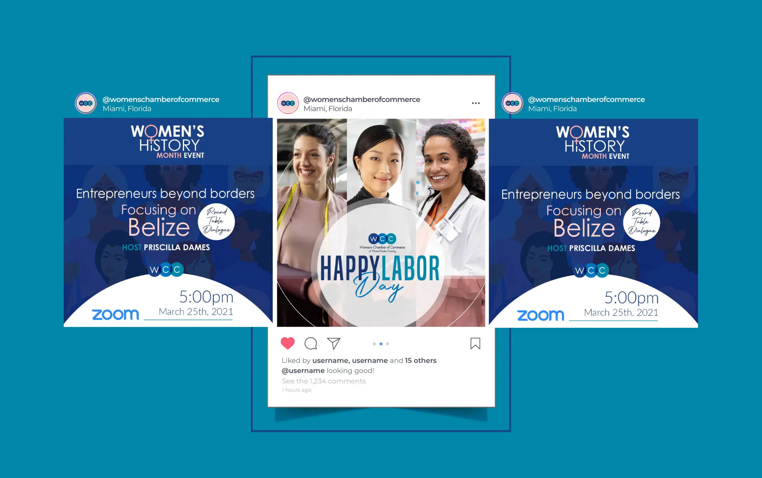 Women's History Month event poster with entrepreneurs from Belize on Zoom.