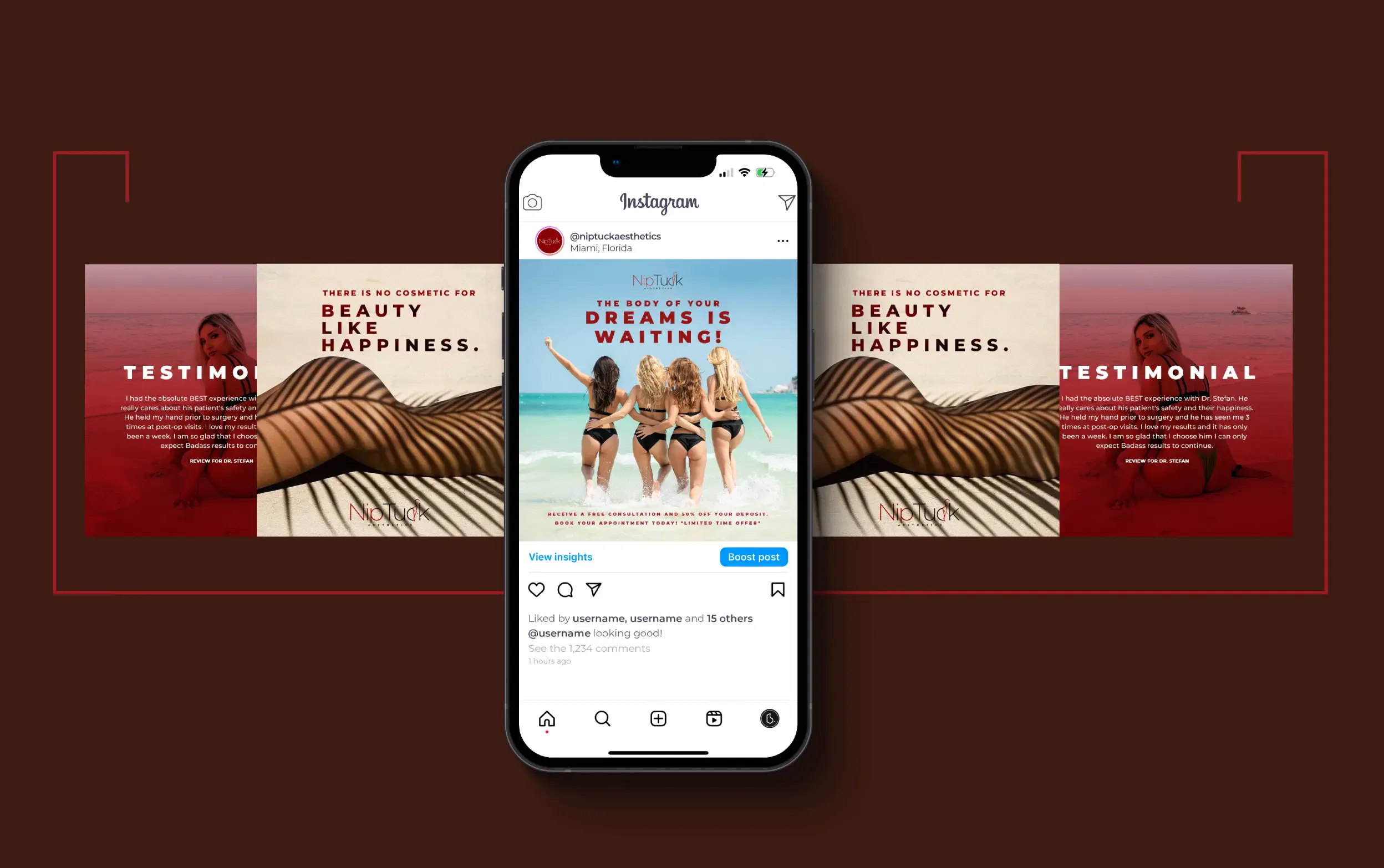 Smartphone displaying social media surrounded by a tropical beach and testimonial images.