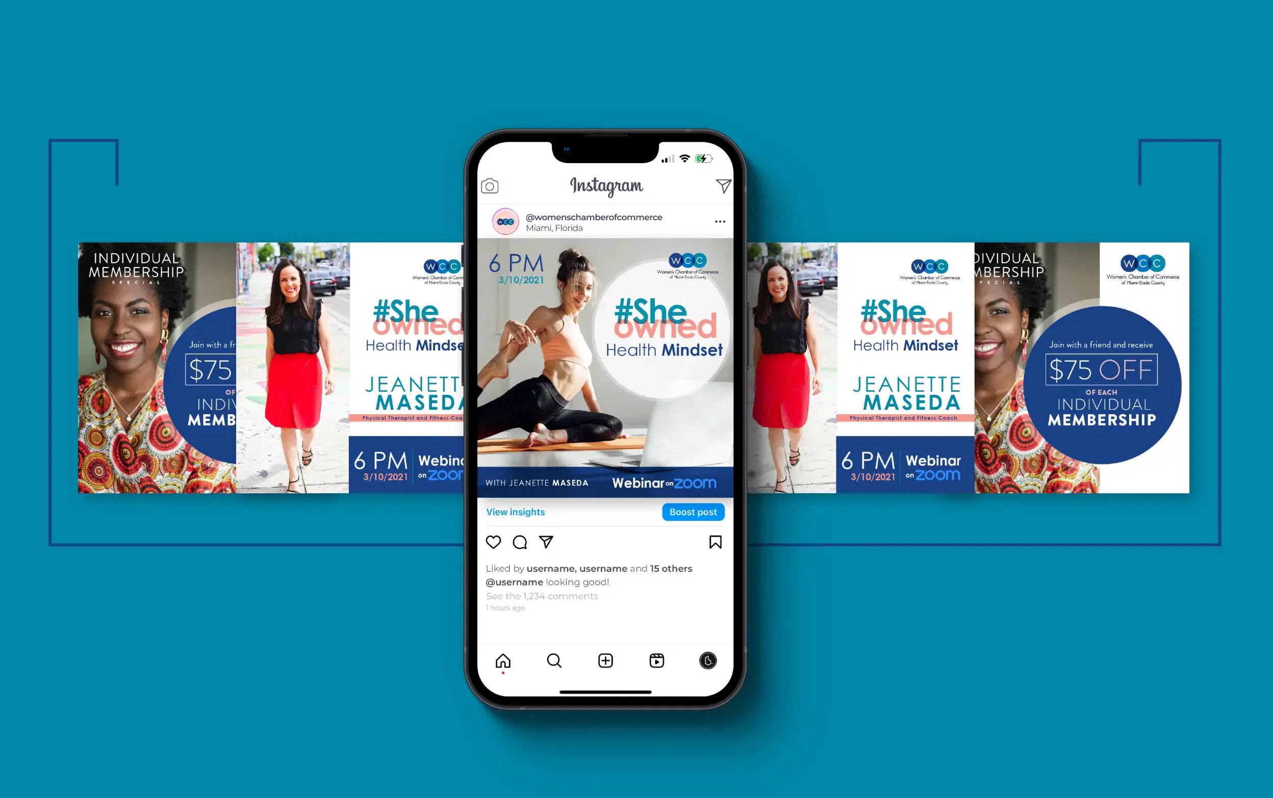 Sleek smartphone displaying social media post about landscaping service with bright modern design elements.