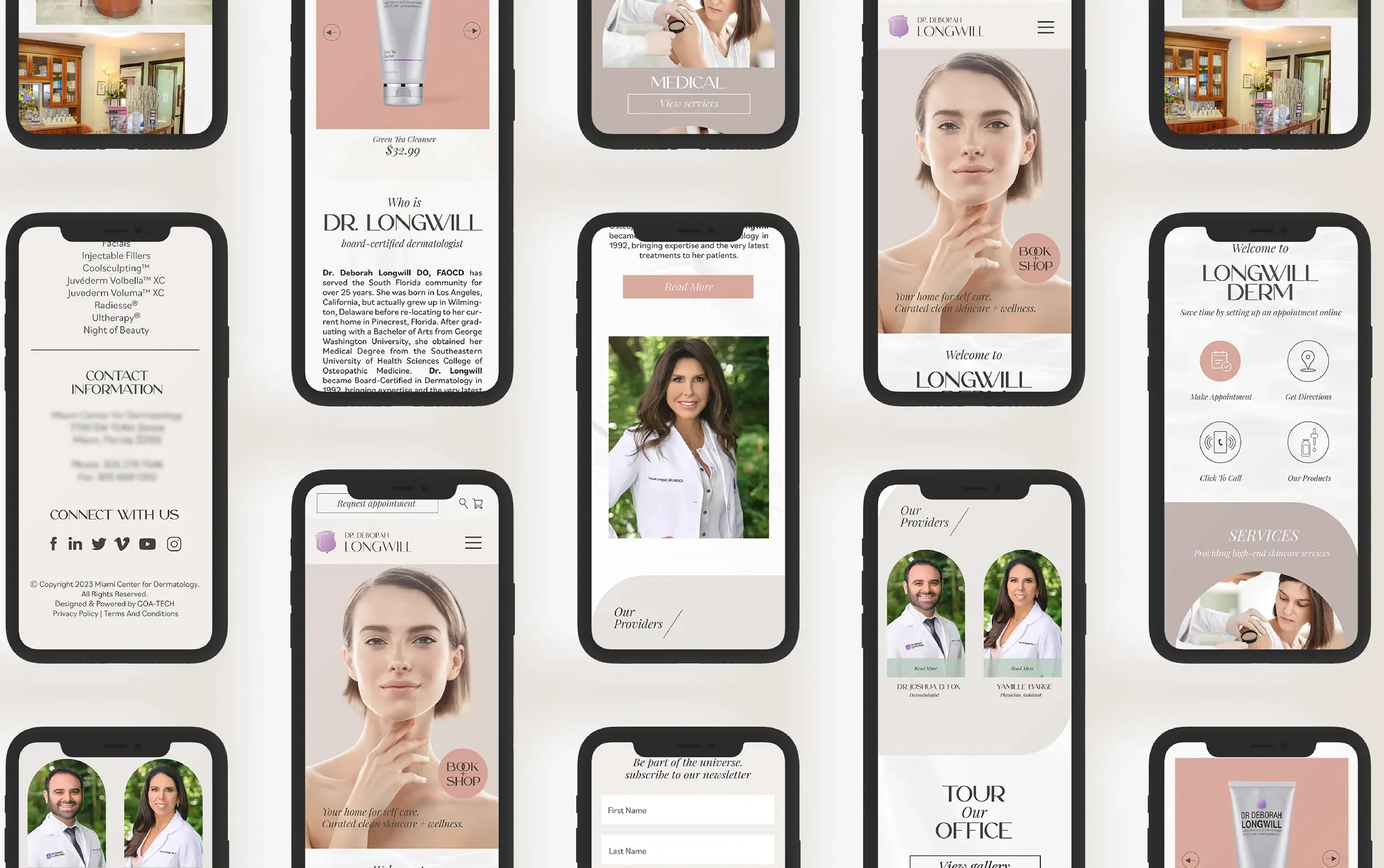 Responsive skincare website design featuring product displays and expert profiles on mobile screens.