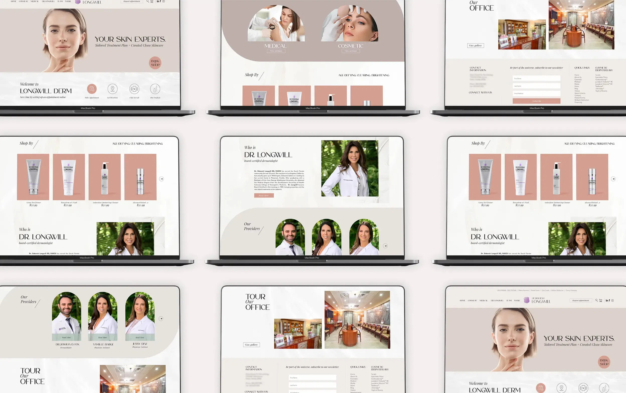 Multiple laptop screens display a modern website layout featuring skincare products and professional portraits.