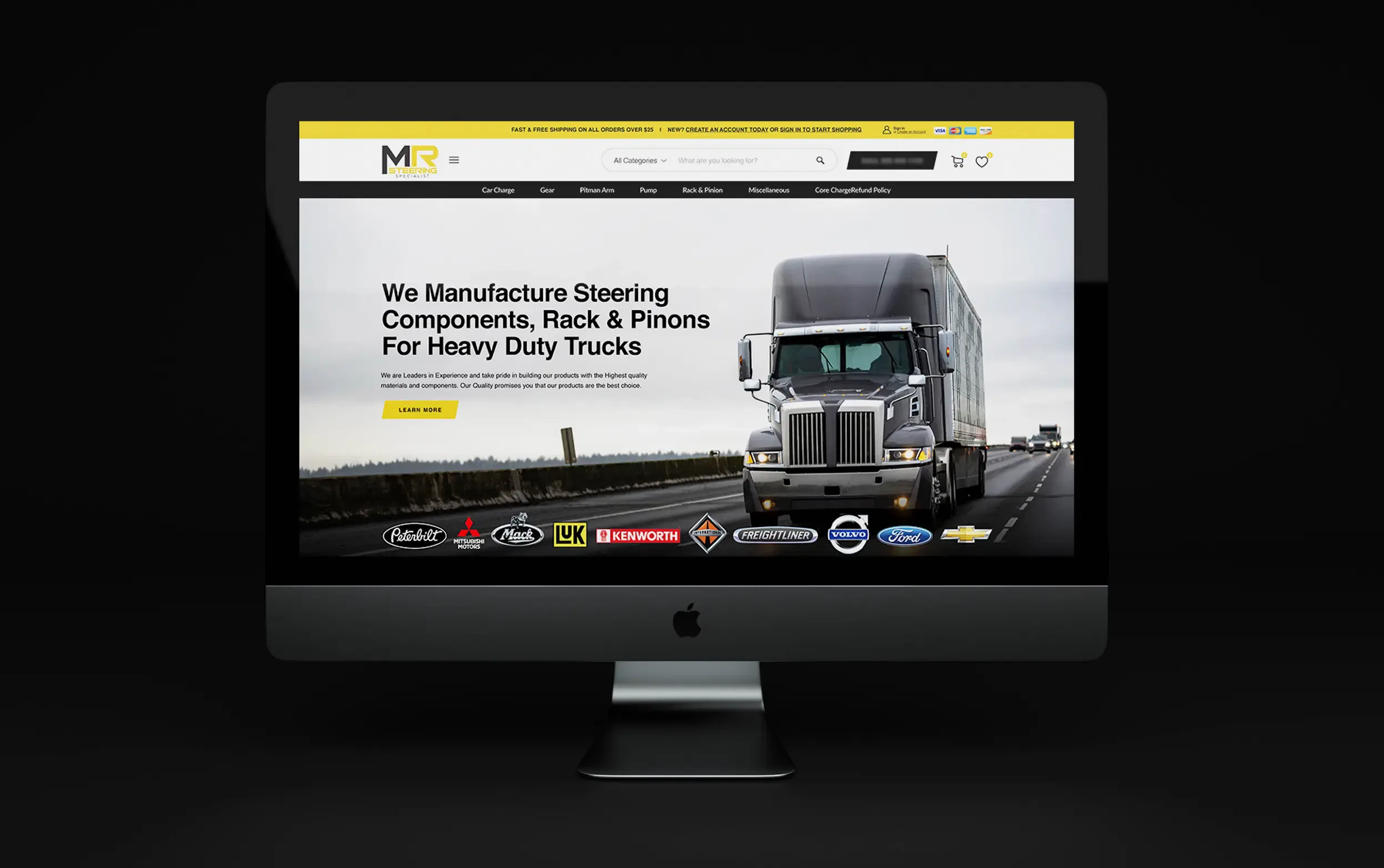 Computer screen displaying a website about steering components for heavy-duty trucks, showcasing a large truck on a road.