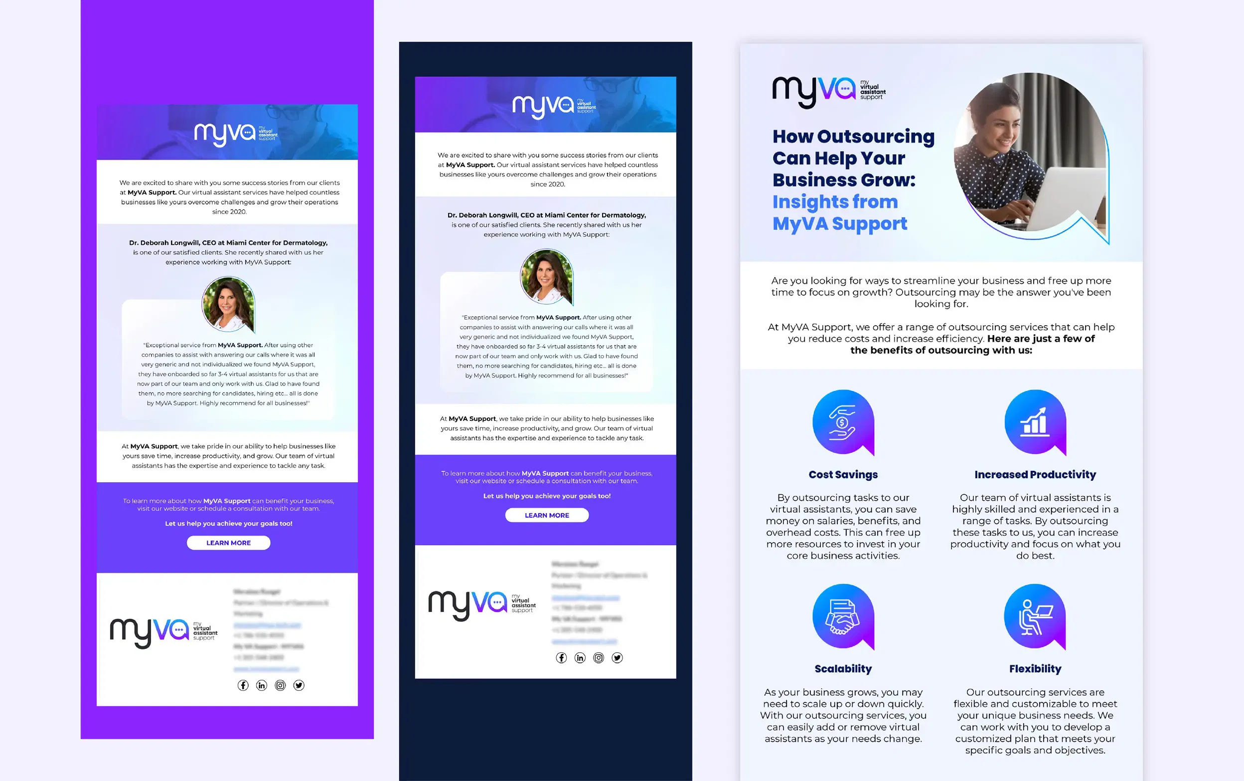 Three colorful virtual assistant service flyers featuring a woman using a laptop.