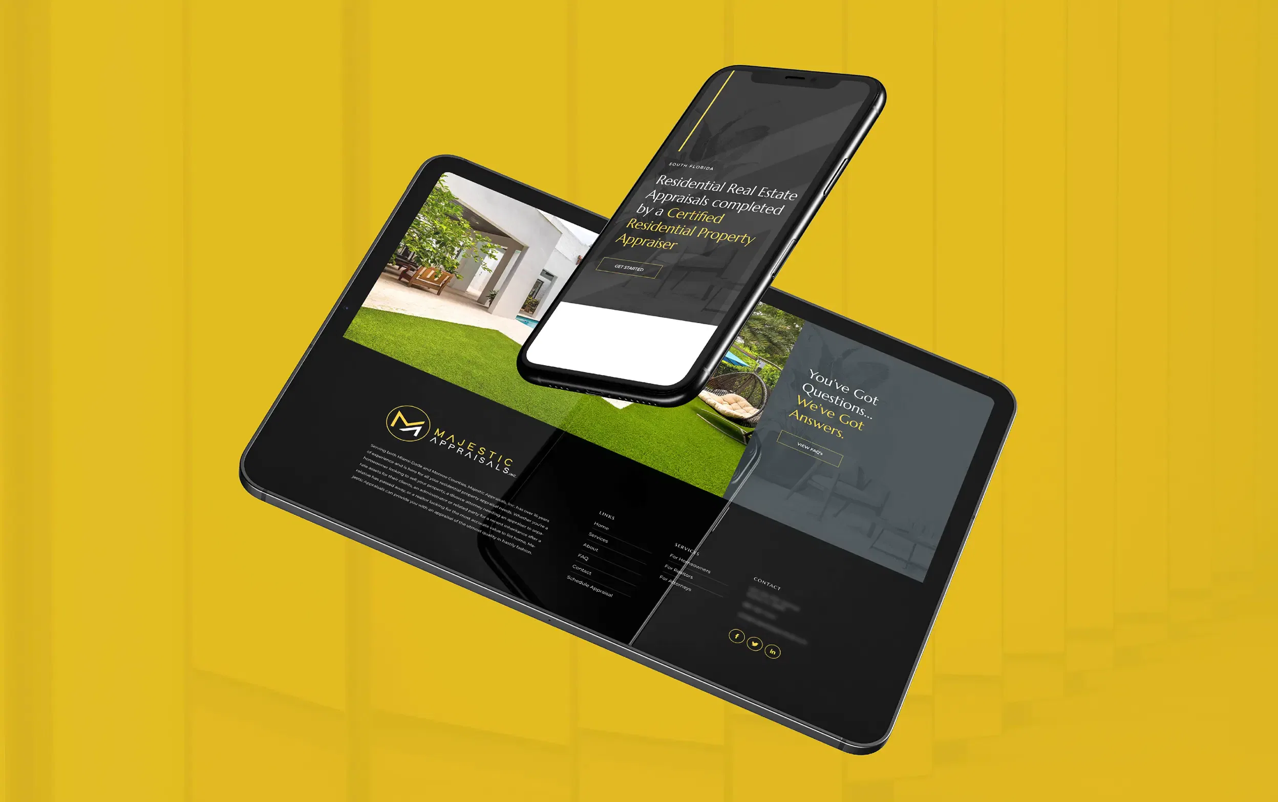 Smartphone and tablet displaying a modern website design on a vibrant yellow background.